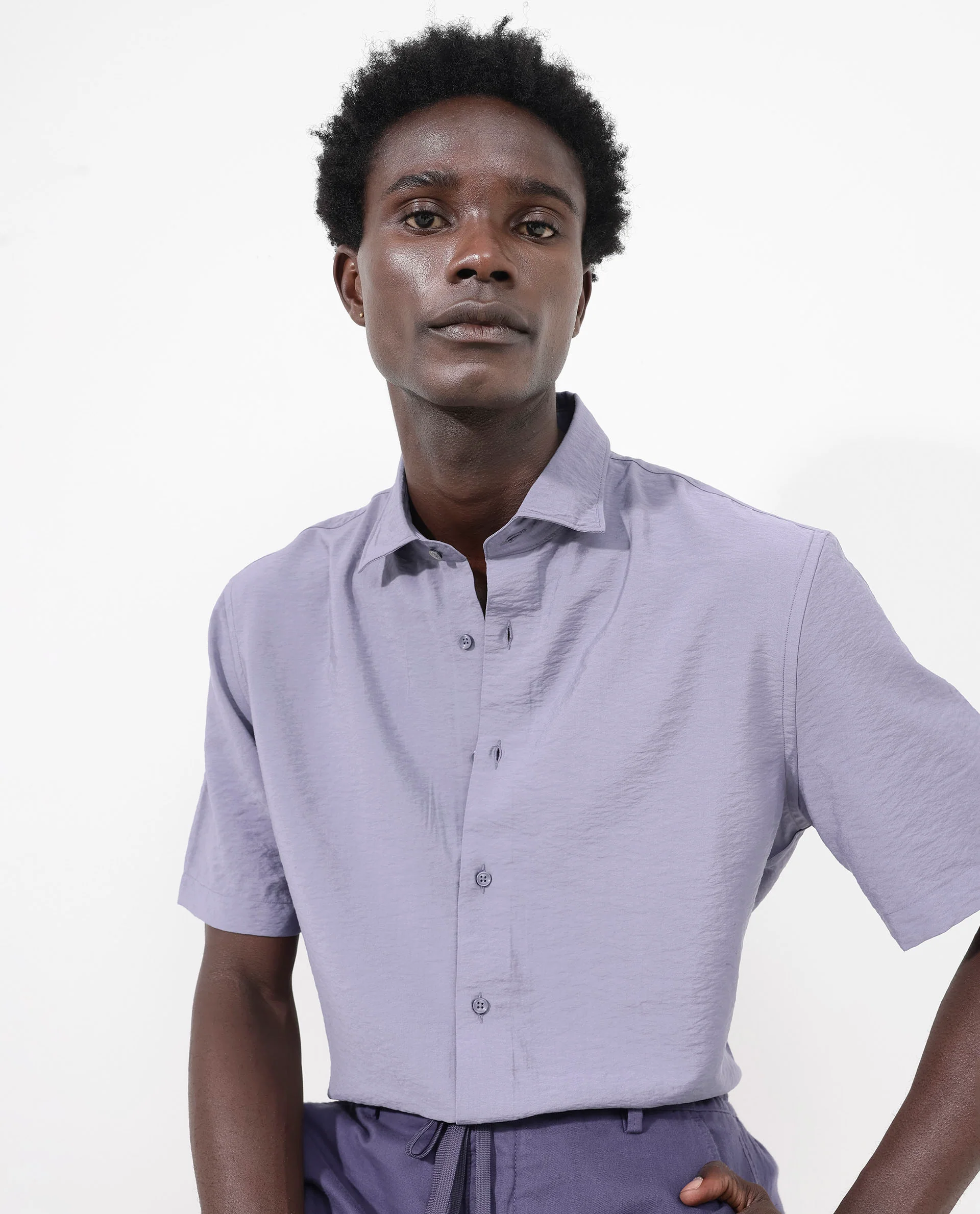 Rare Rabbit Men's Flo Dusky Purple Viscose Textured Boxy Fit Half Sleeve Collared Shirt - Image 4