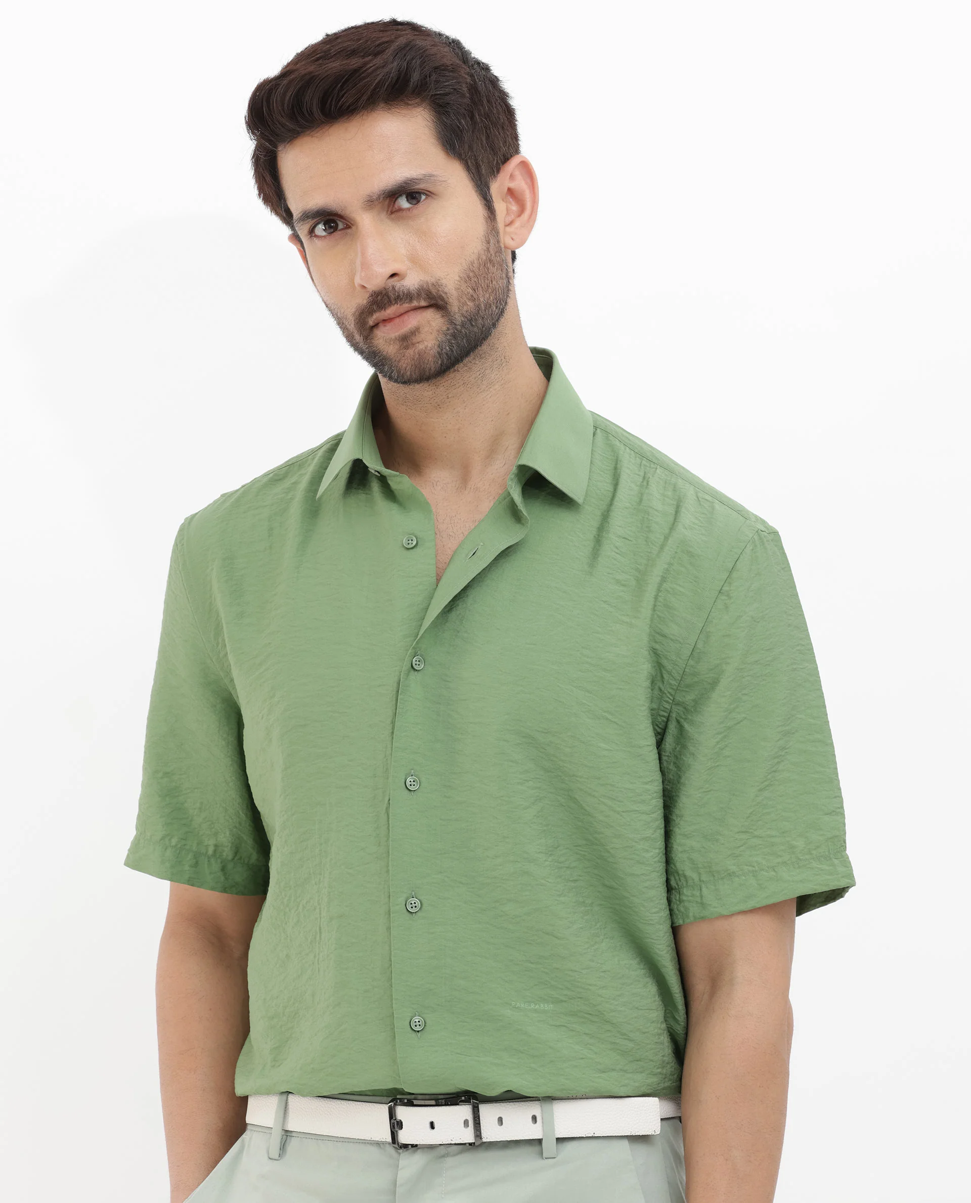 Rare Rabbit Men's Flo Green Viscose Textured Boxy Fit Half Sleeve Collared Shirt - Image 3