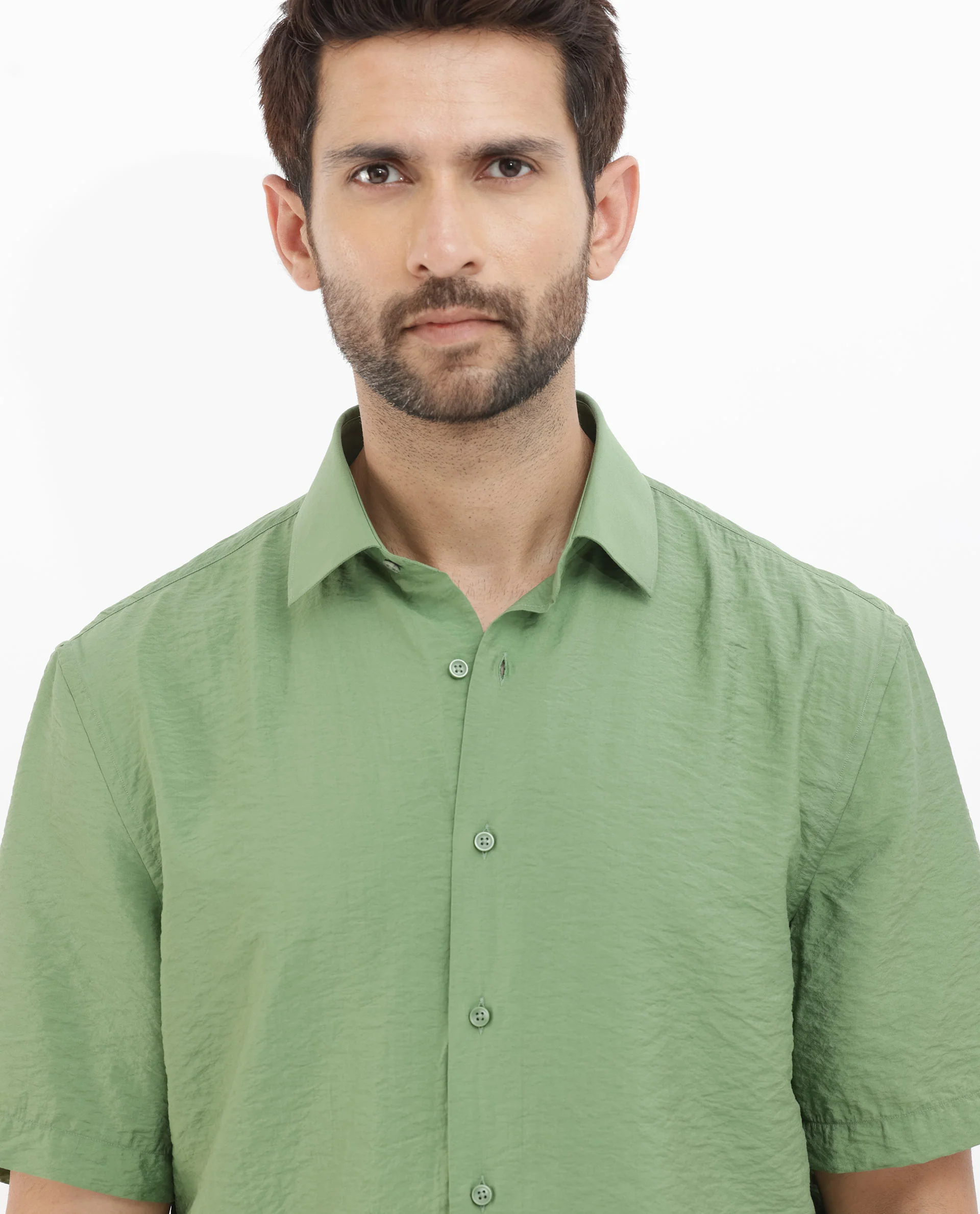 Rare Rabbit Men's Flo Green Viscose Textured Boxy Fit Half Sleeve Collared Shirt - Image 4