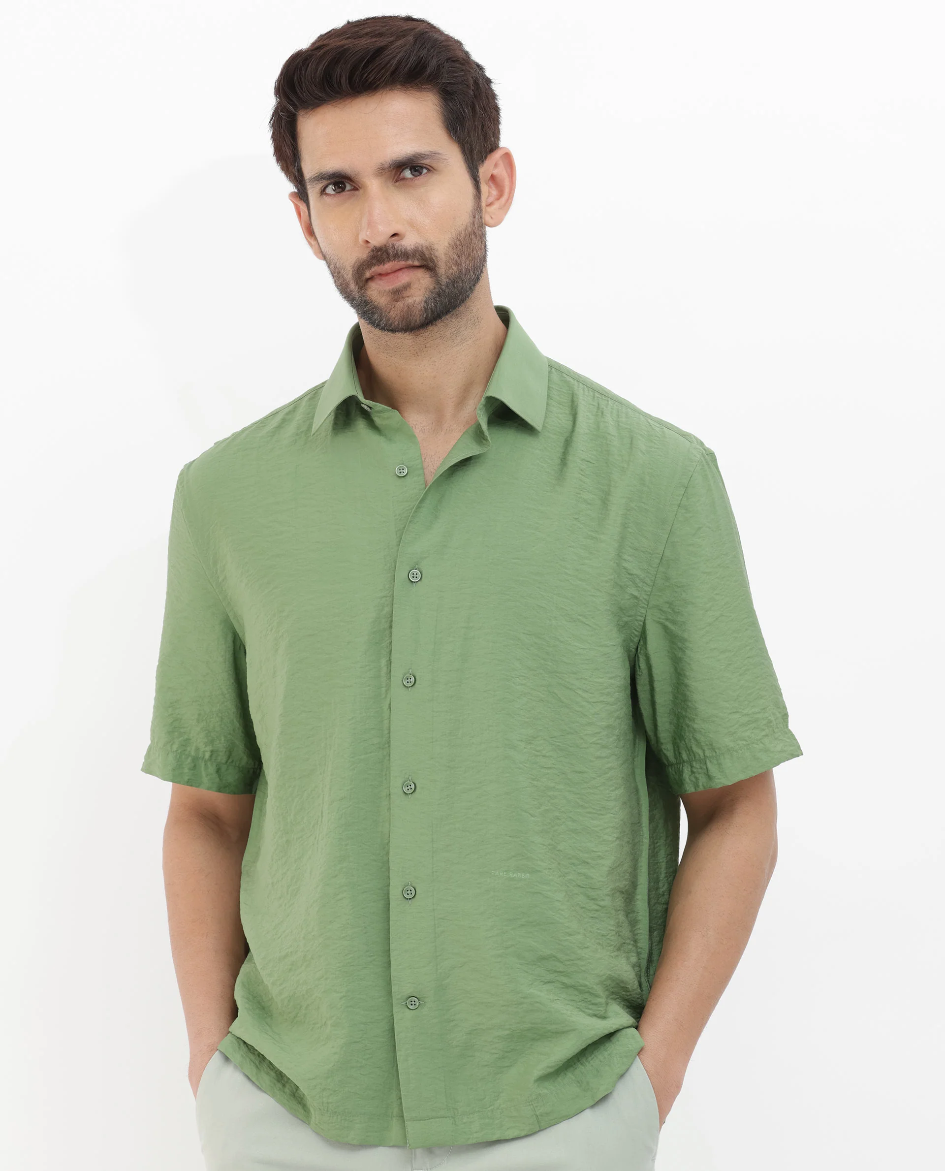 Rare Rabbit Men's Flo Green Viscose Textured Boxy Fit Half Sleeve Collared Shirt - Image 5