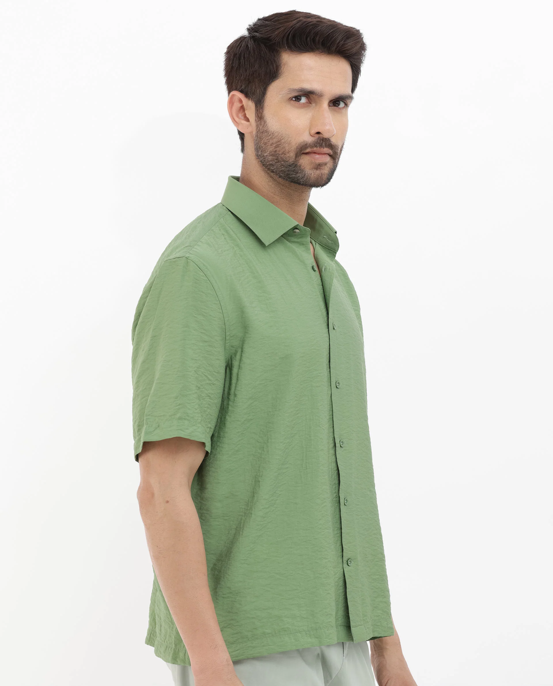Rare Rabbit Men's Flo Green Viscose Textured Boxy Fit Half Sleeve Collared Shirt - Image 6