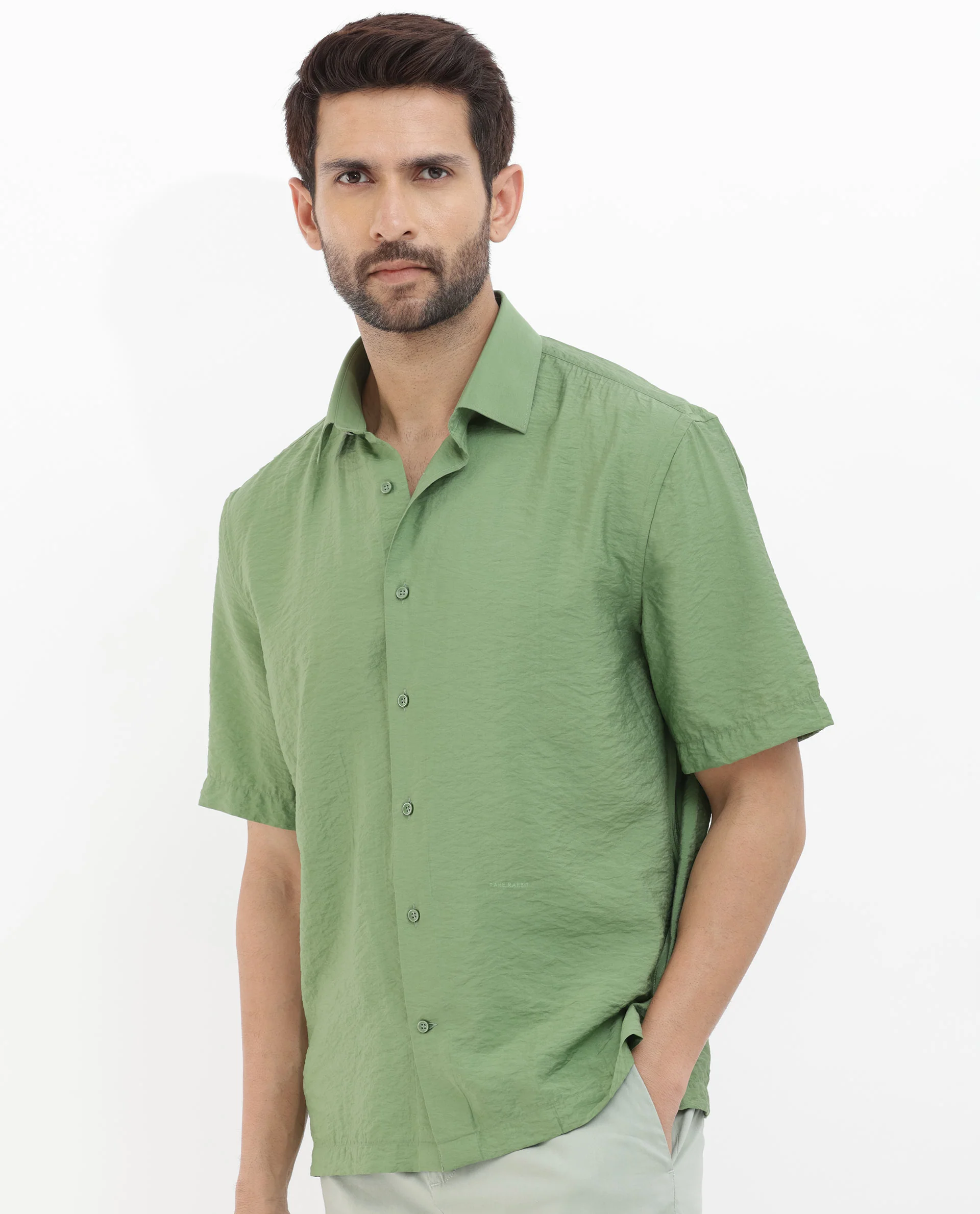 Rare Rabbit Men's Flo Green Viscose Textured Boxy Fit Half Sleeve Collared Shirt - Image 7