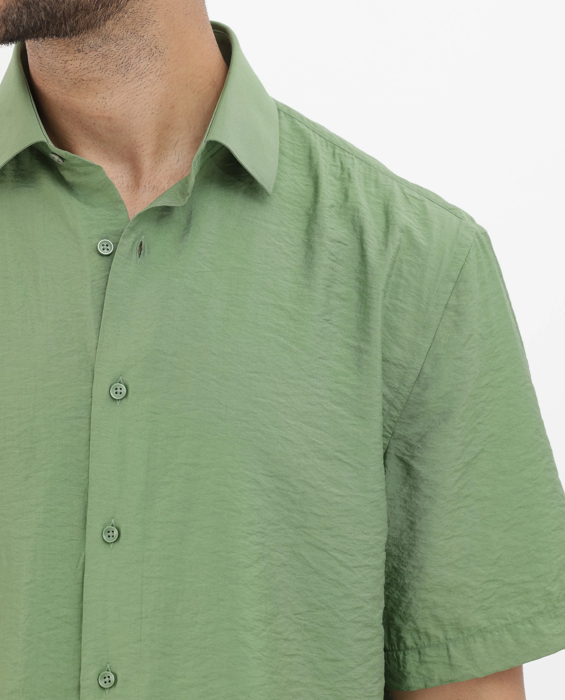 Rare Rabbit Men's Flo Green Viscose Textured Boxy Fit Half Sleeve Collared Shirt - Image 8