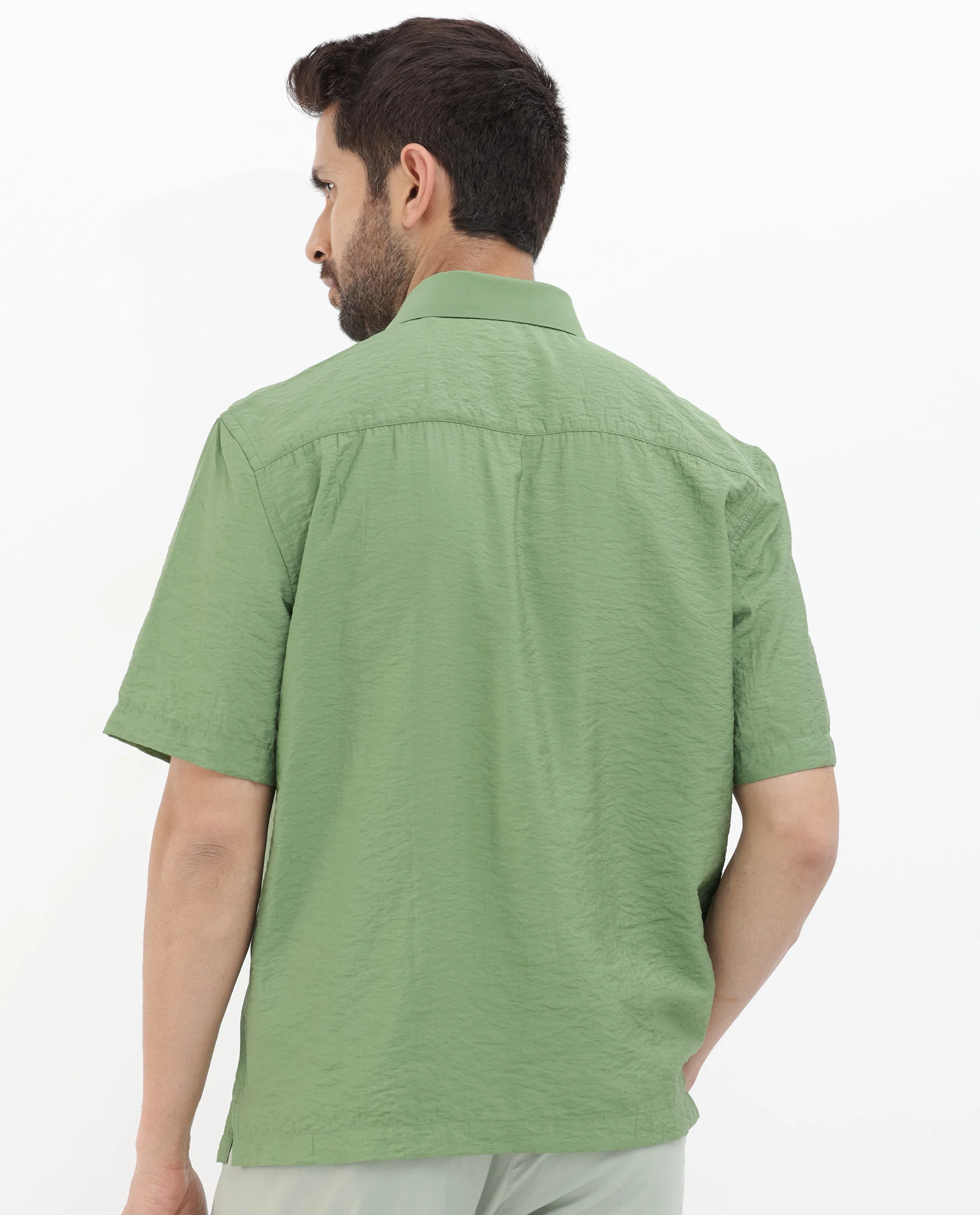 Rare Rabbit Men's Flo Green Viscose Textured Boxy Fit Half Sleeve Collared Shirt - Image 9