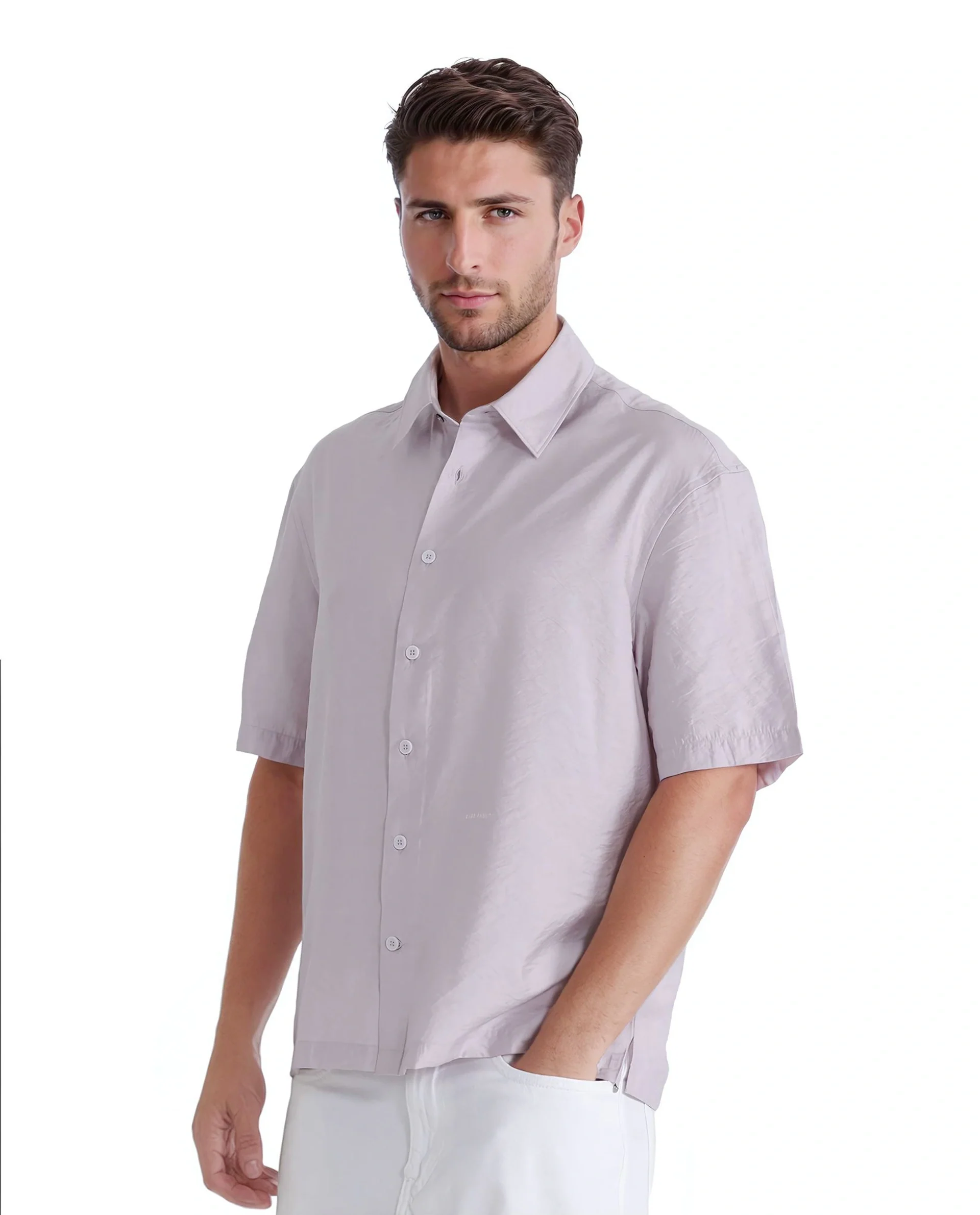 Rare Rabbit Men's Flo Light Pink Viscose Blend Plain Boxy Fit Half Sleeve Collared Shirt - Image 5