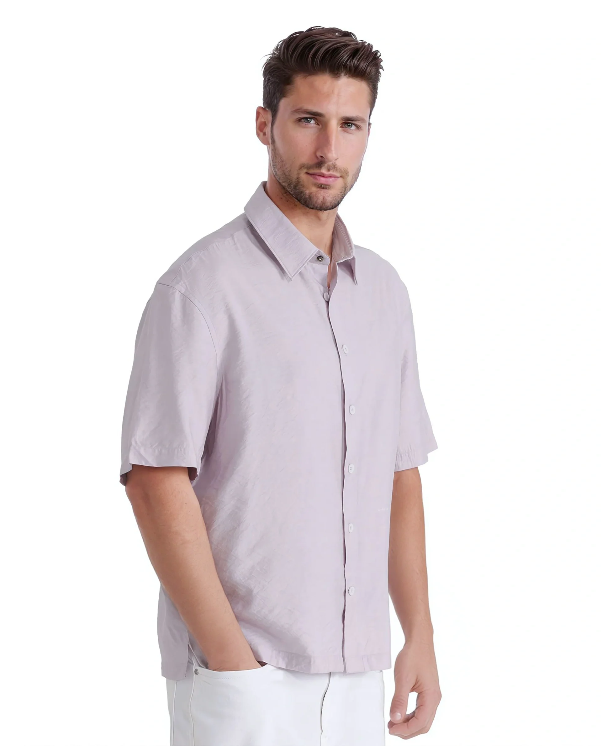 Rare Rabbit Men's Flo Light Pink Viscose Blend Plain Boxy Fit Half Sleeve Collared Shirt - Image 6