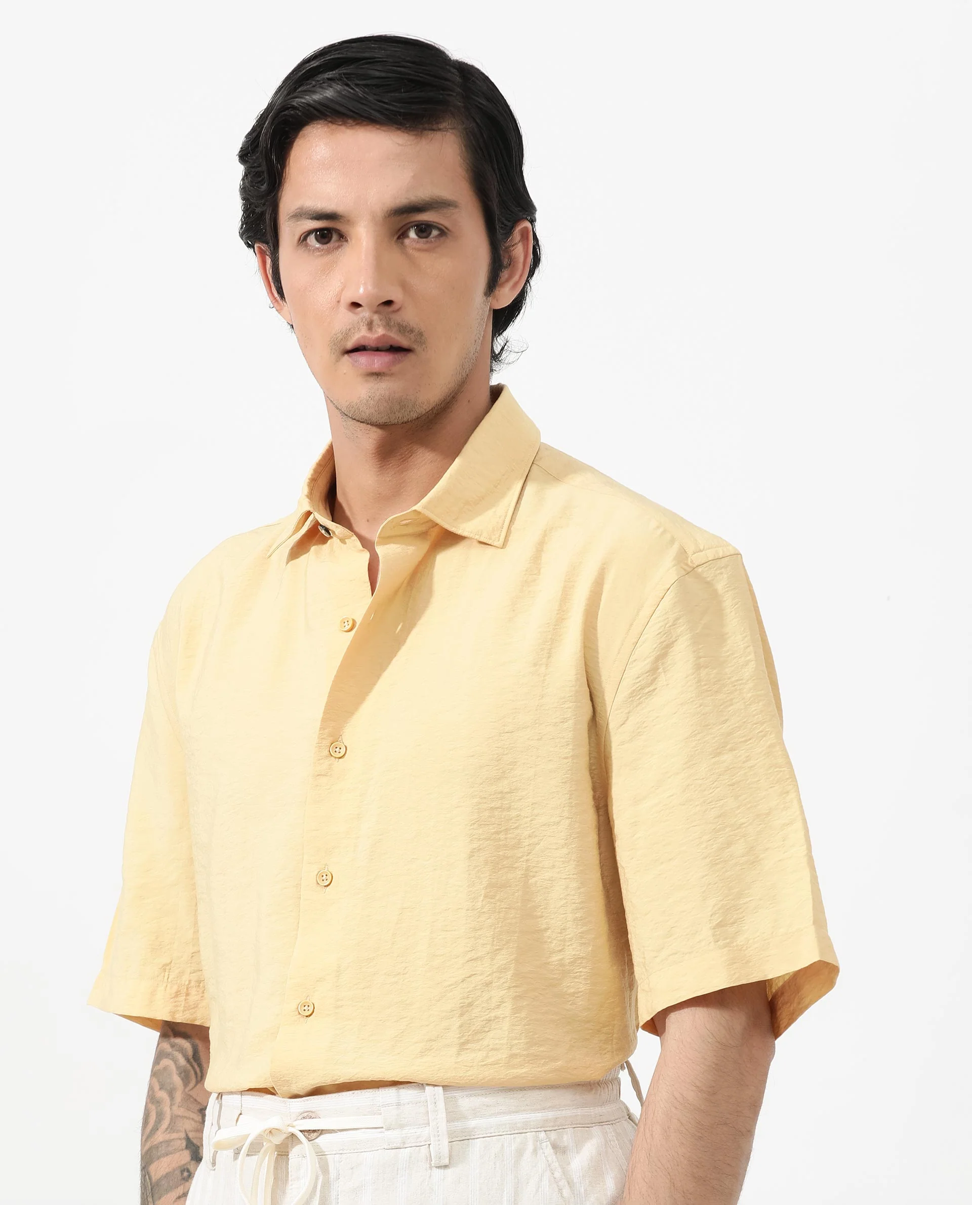Rare Rabbit Men's Flo Light Yellow Viscose Textured Boxy Fit Half Sleeve Collared Shirt - Image 10