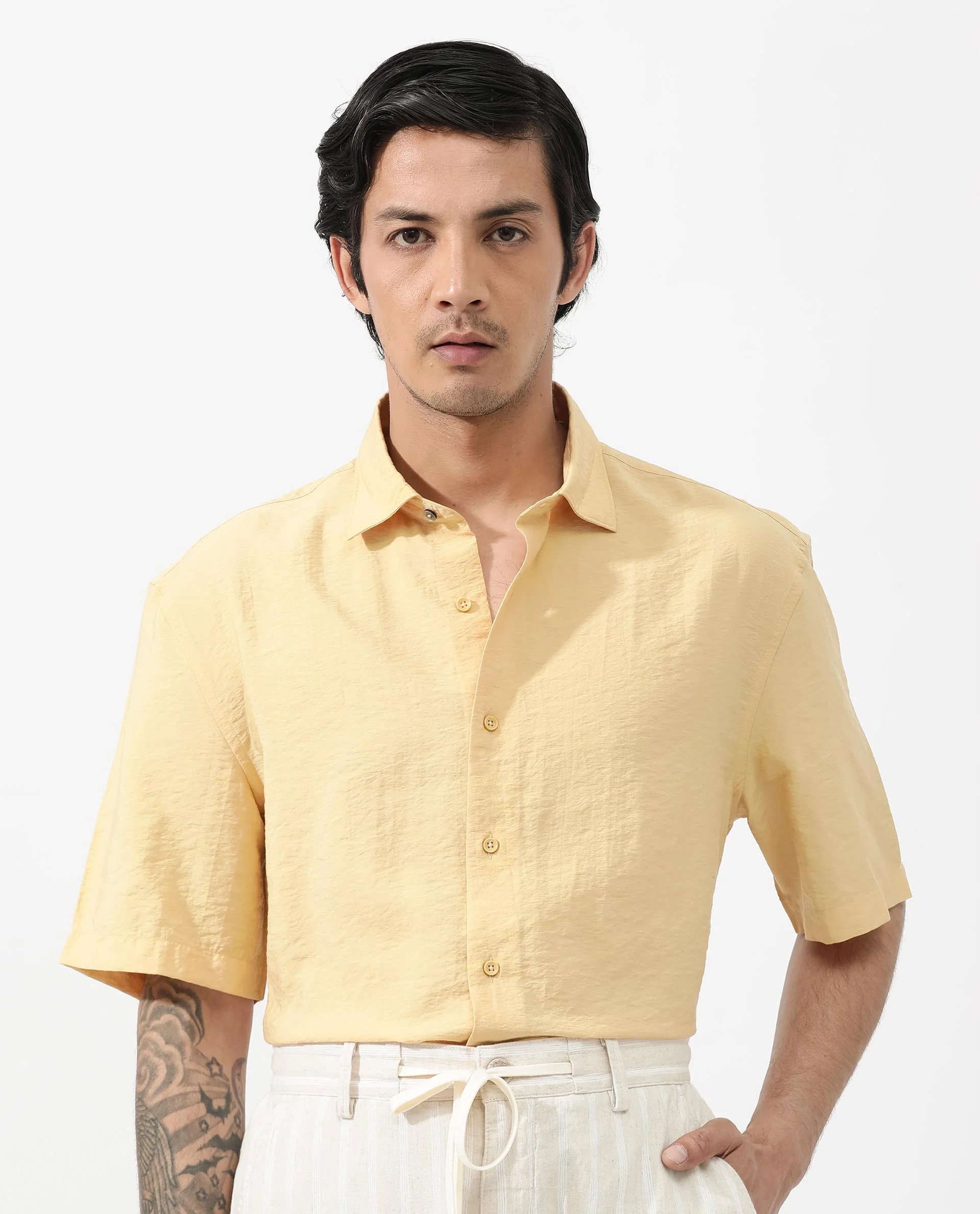 Rare Rabbit Men's Flo Light Yellow Viscose Textured Boxy Fit Half Sleeve Collared Shirt - Image 3