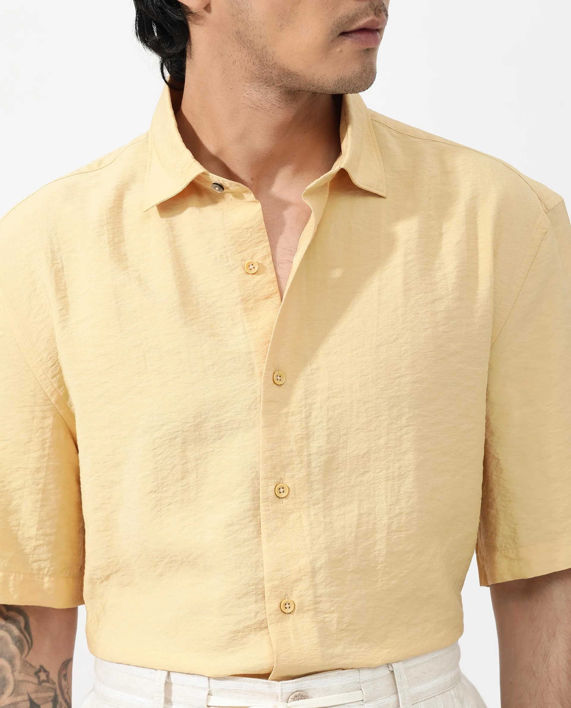 Rare Rabbit Men's Flo Light Yellow Viscose Textured Boxy Fit Half Sleeve Collared Shirt - Image 4