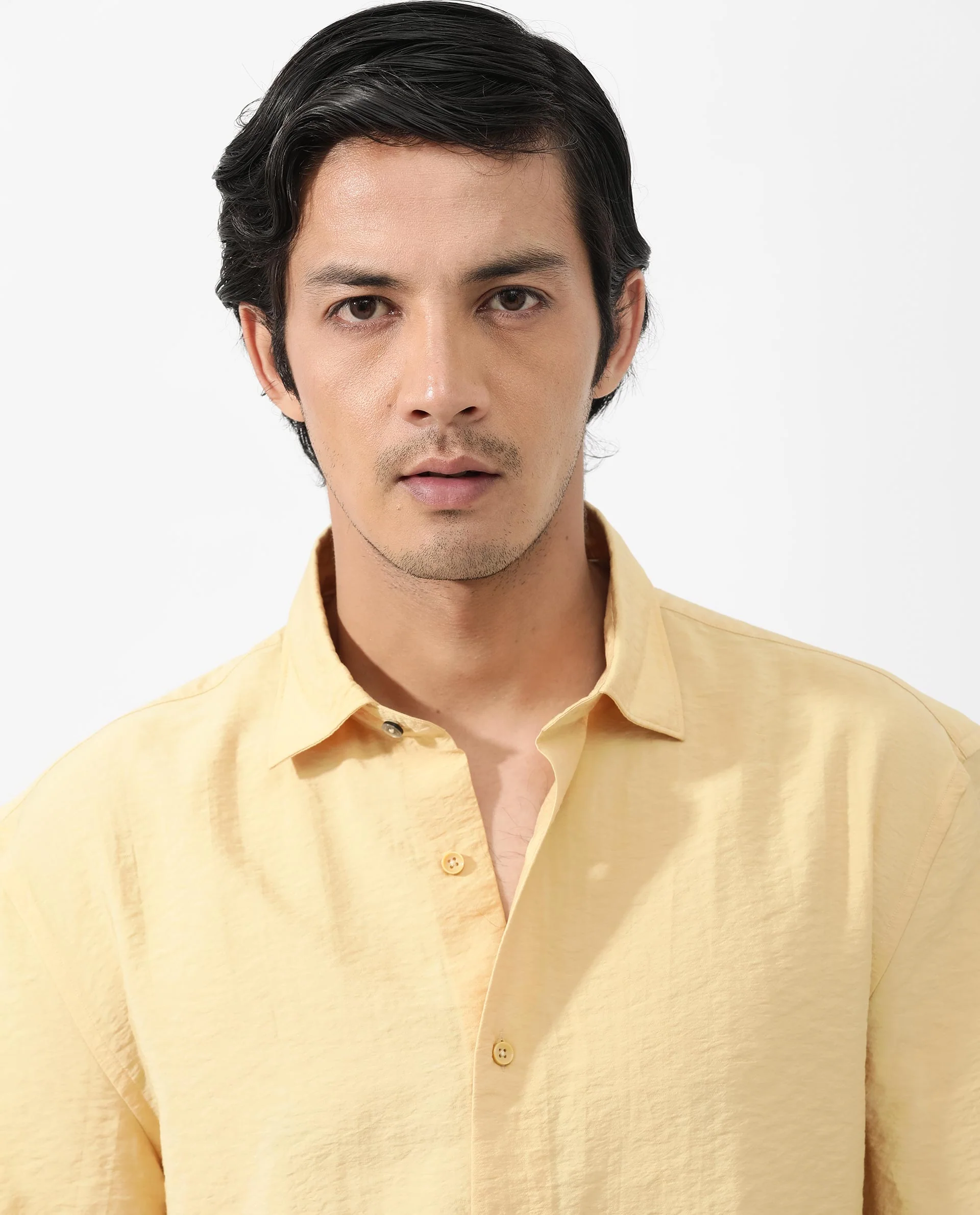 Rare Rabbit Men's Flo Light Yellow Viscose Textured Boxy Fit Half Sleeve Collared Shirt - Image 5