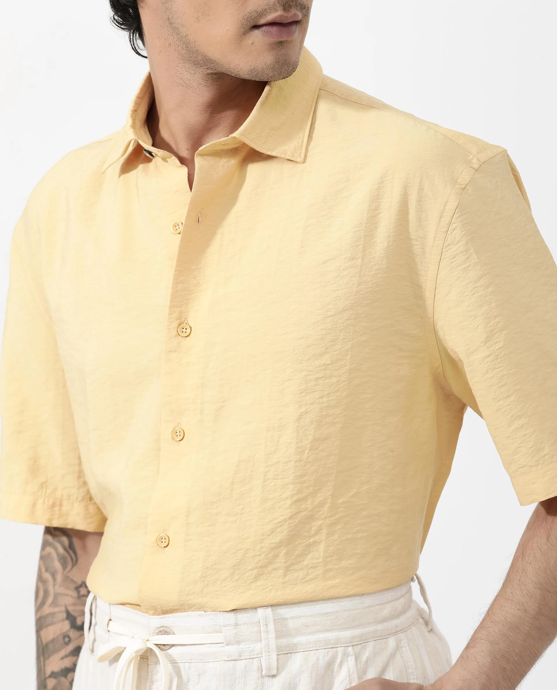 Rare Rabbit Men's Flo Light Yellow Viscose Textured Boxy Fit Half Sleeve Collared Shirt - Image 6