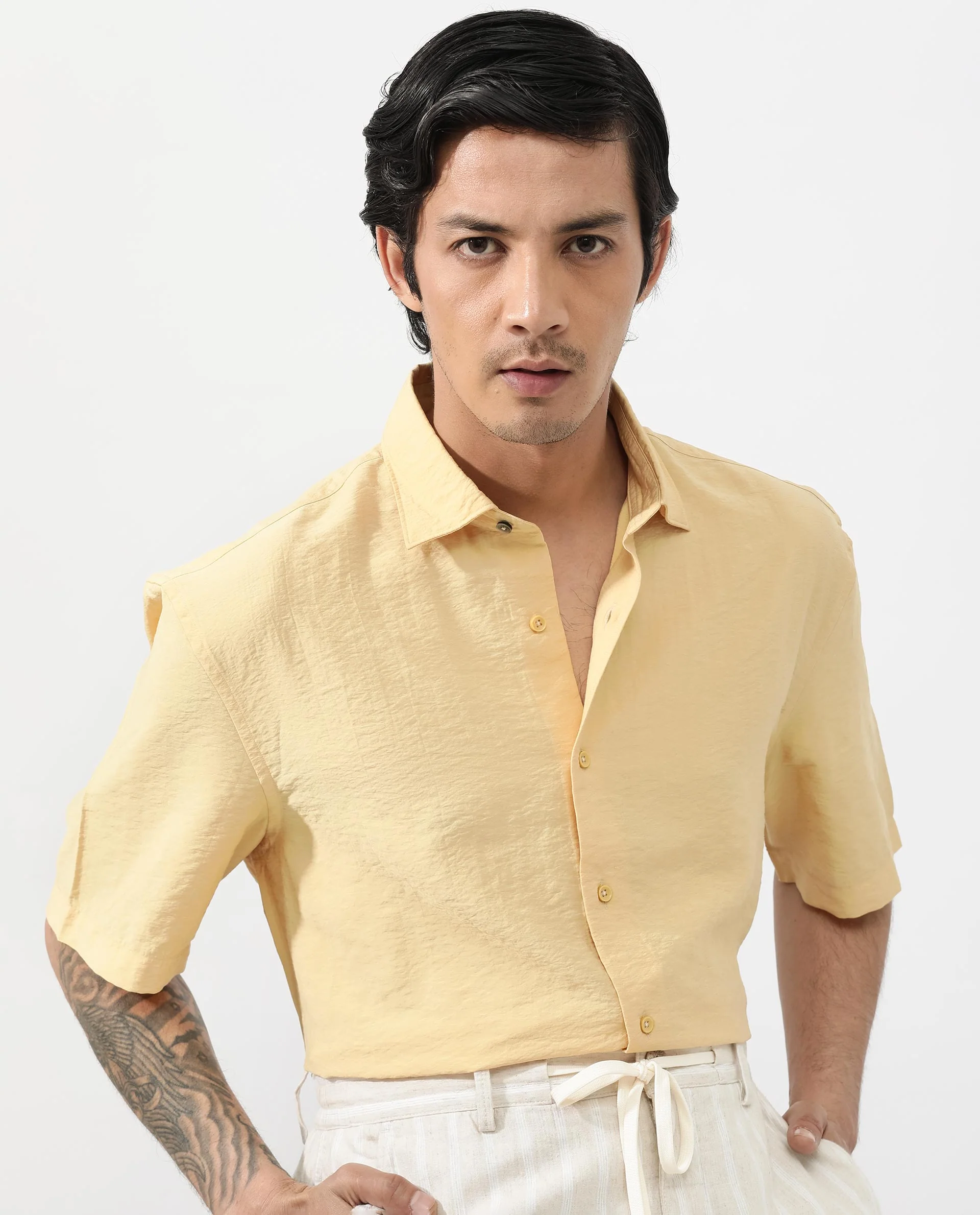 Rare Rabbit Men's Flo Light Yellow Viscose Textured Boxy Fit Half Sleeve Collared Shirt - Image 7