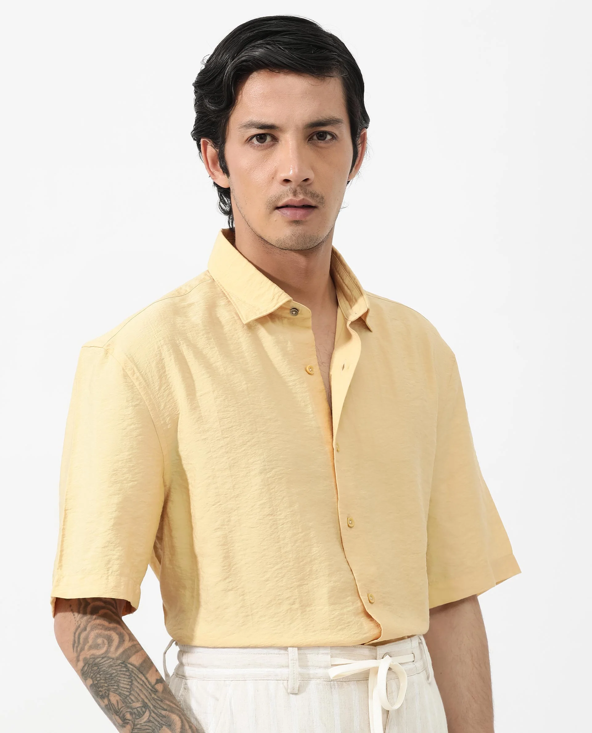 Rare Rabbit Men's Flo Light Yellow Viscose Textured Boxy Fit Half Sleeve Collared Shirt - Image 9