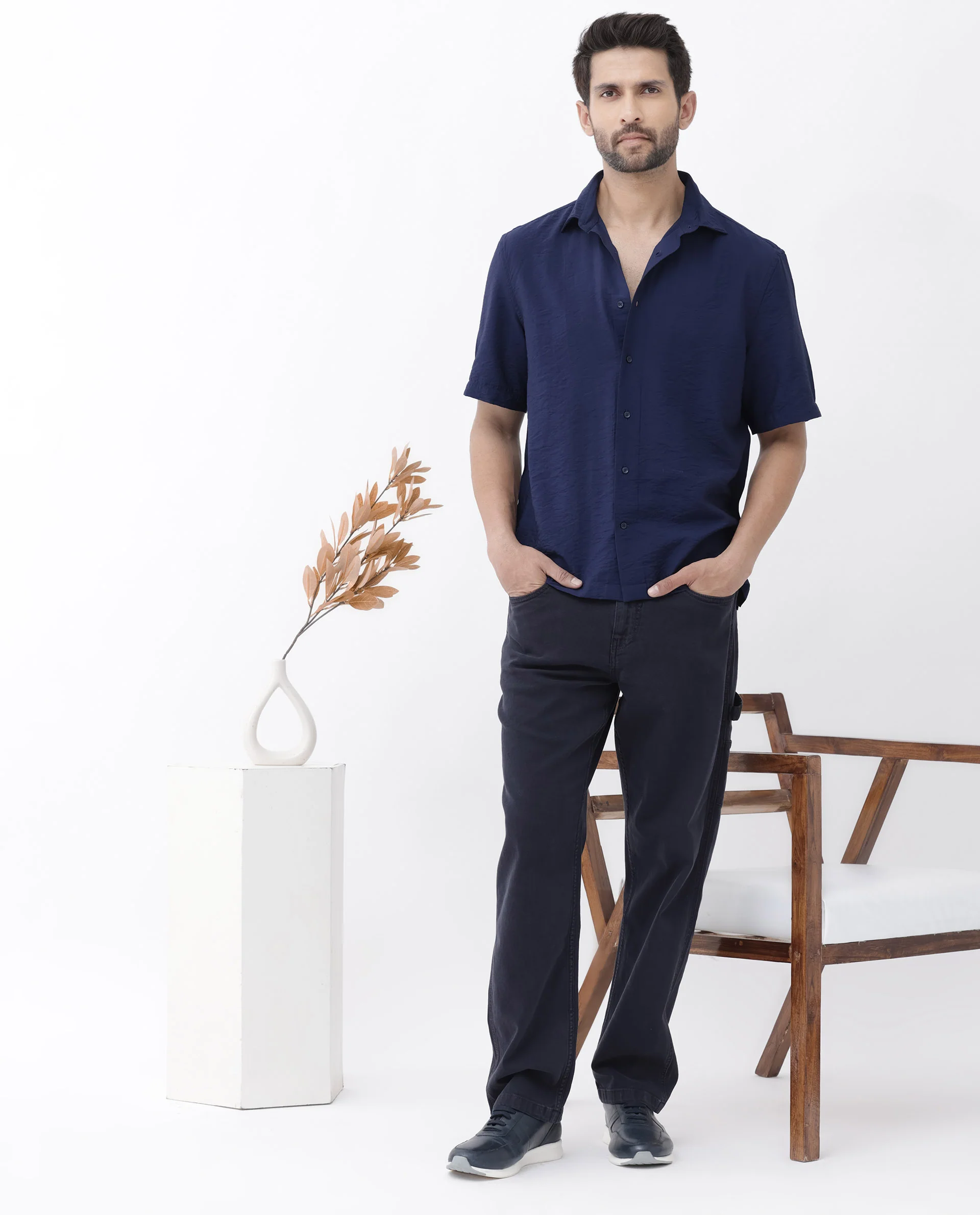 Rare Rabbit Men's Flo Navy Viscose Textured Boxy Fit Half Sleeve Collared Shirt - Image 2