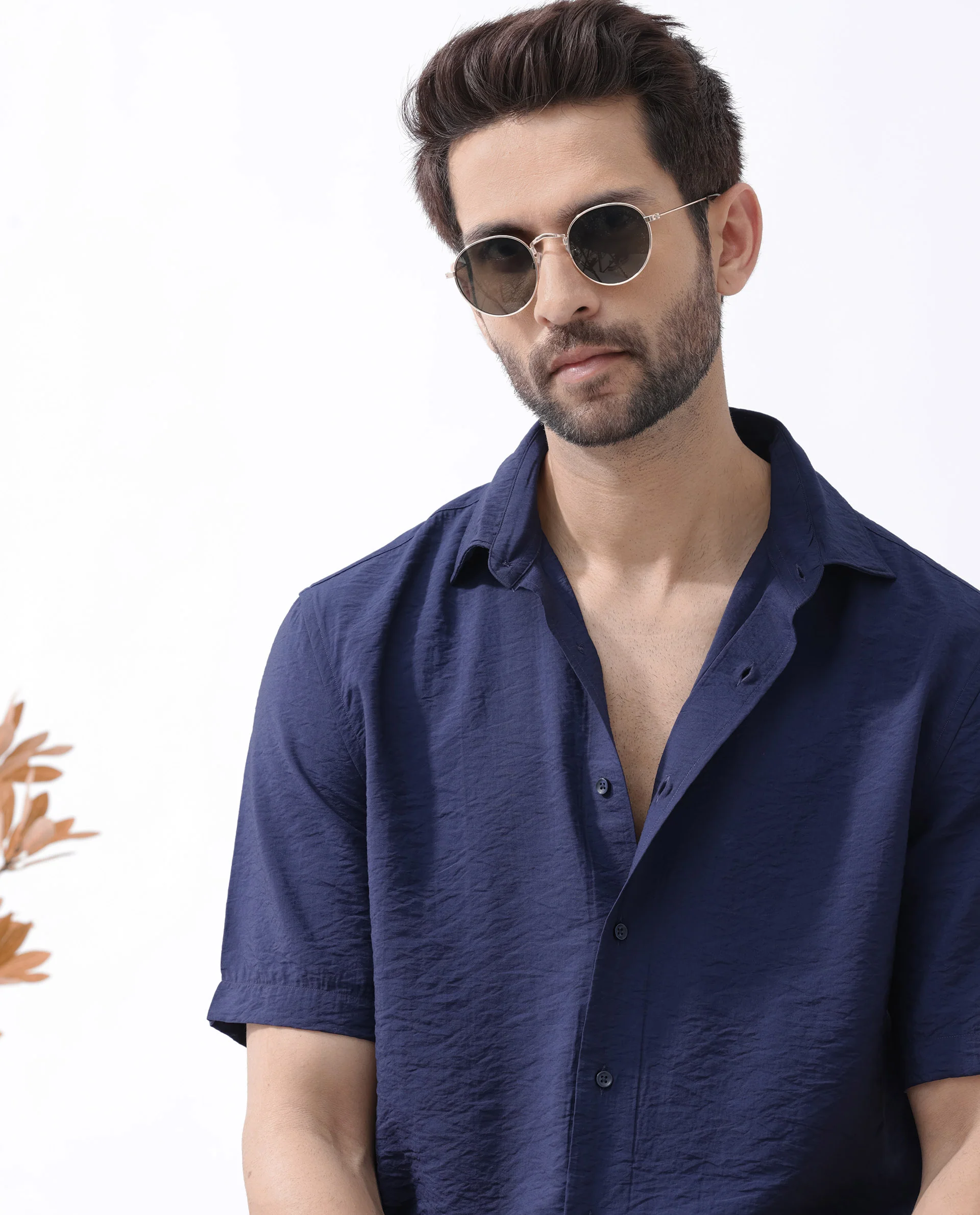 Rare Rabbit Men's Flo Navy Viscose Textured Boxy Fit Half Sleeve Collared Shirt - Image 4