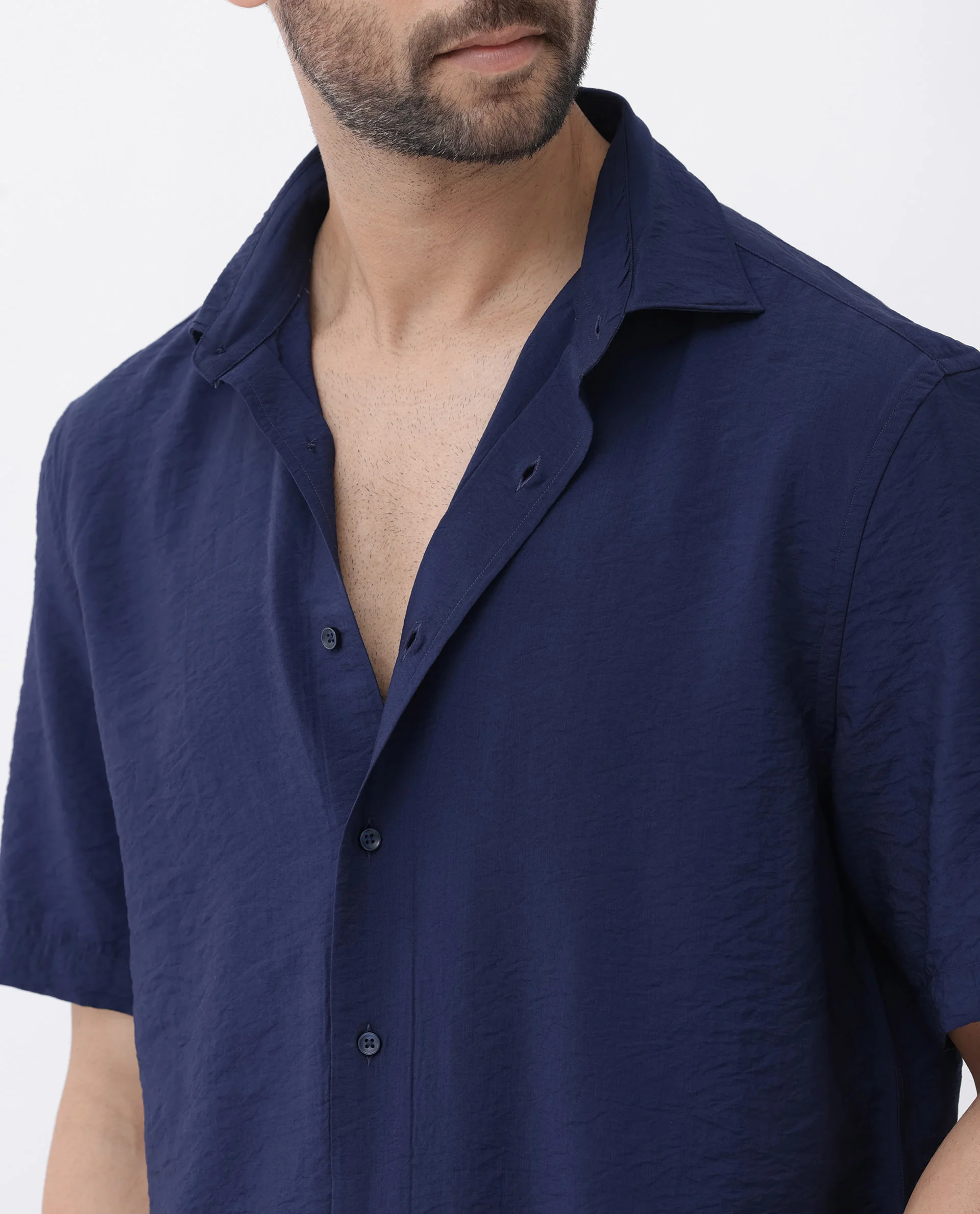 Rare Rabbit Men's Flo Navy Viscose Textured Boxy Fit Half Sleeve Collared Shirt - Image 5
