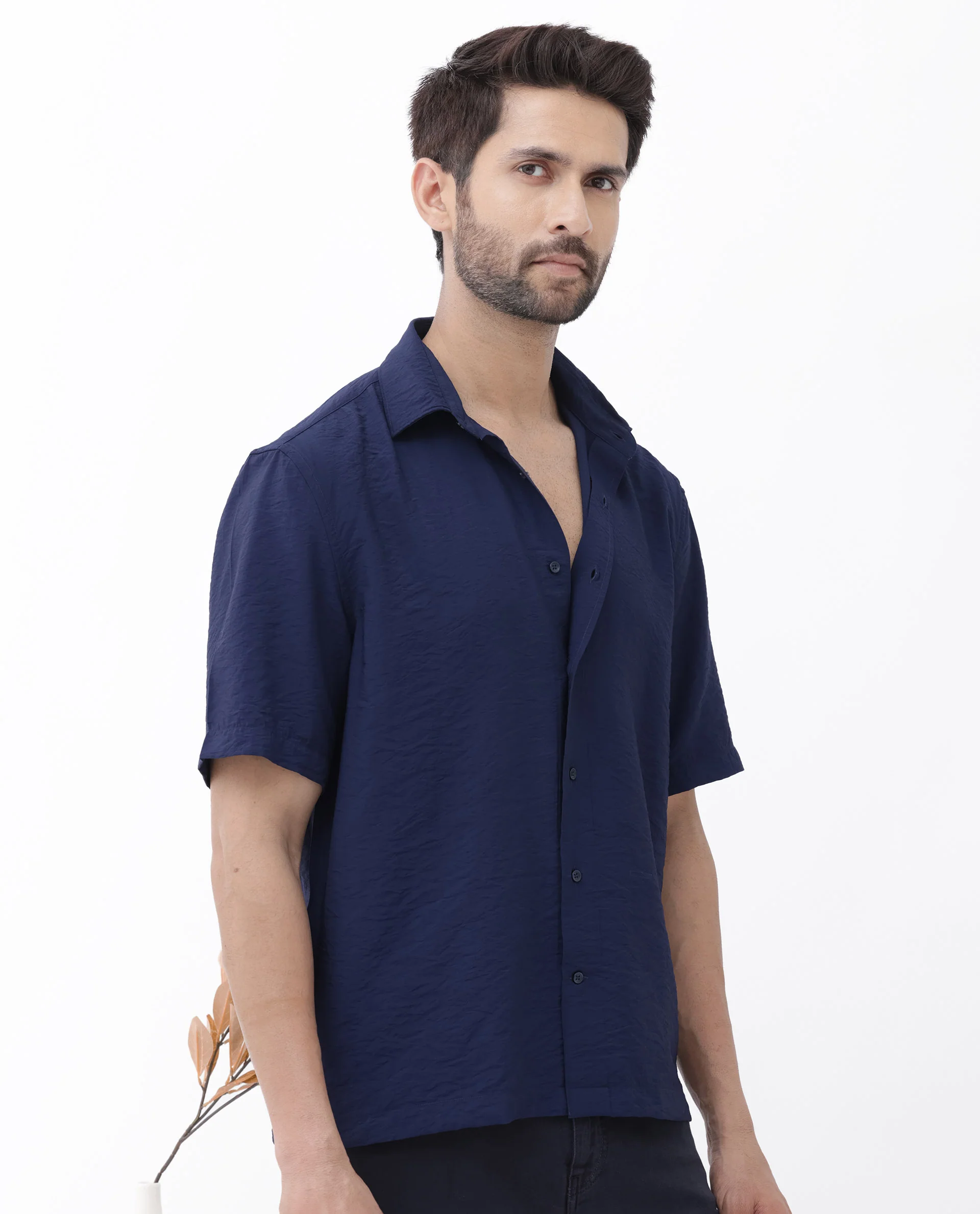 Rare Rabbit Men's Flo Navy Viscose Textured Boxy Fit Half Sleeve Collared Shirt - Image 6