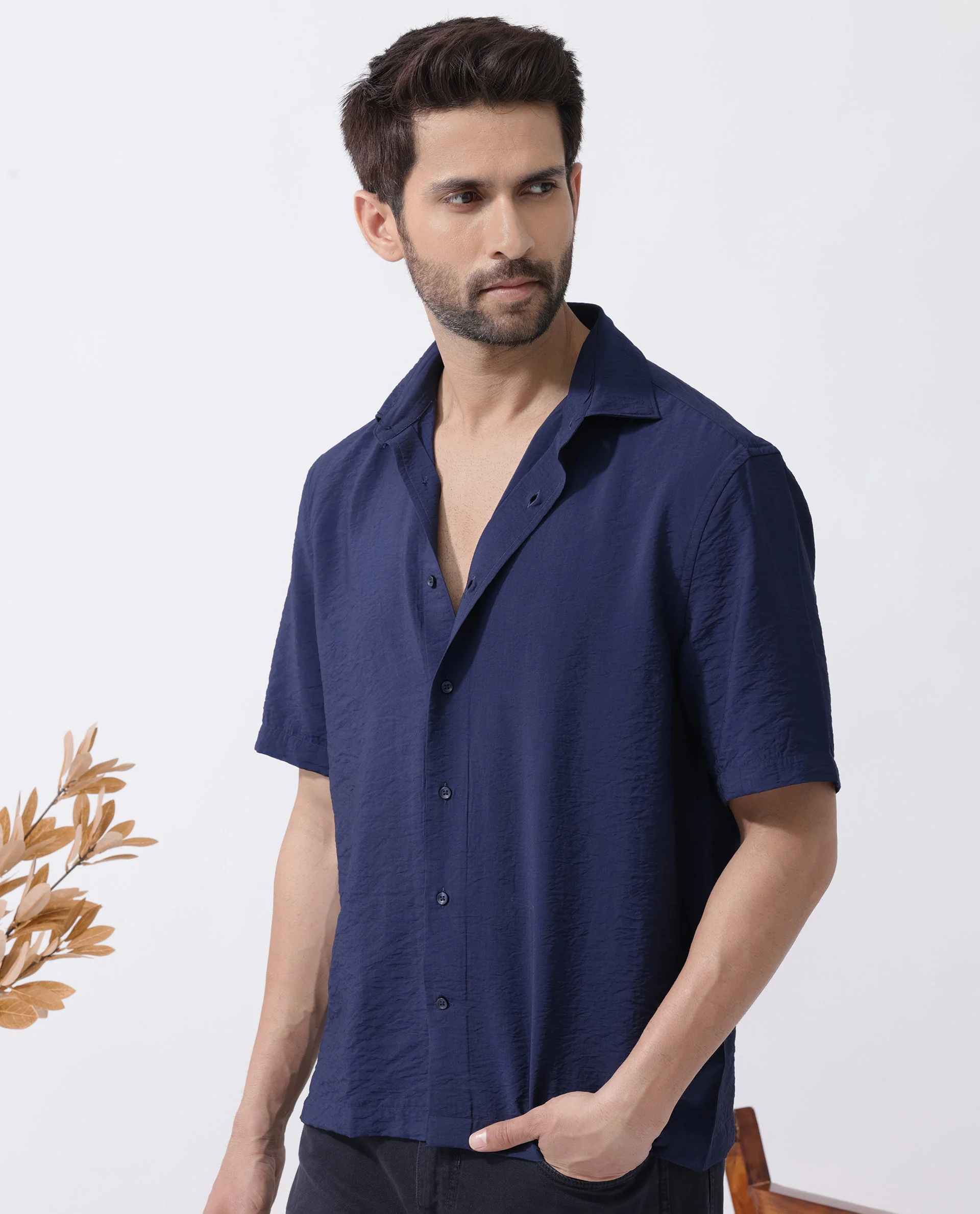 Rare Rabbit Men's Flo Navy Viscose Textured Boxy Fit Half Sleeve Collared Shirt - Image 9