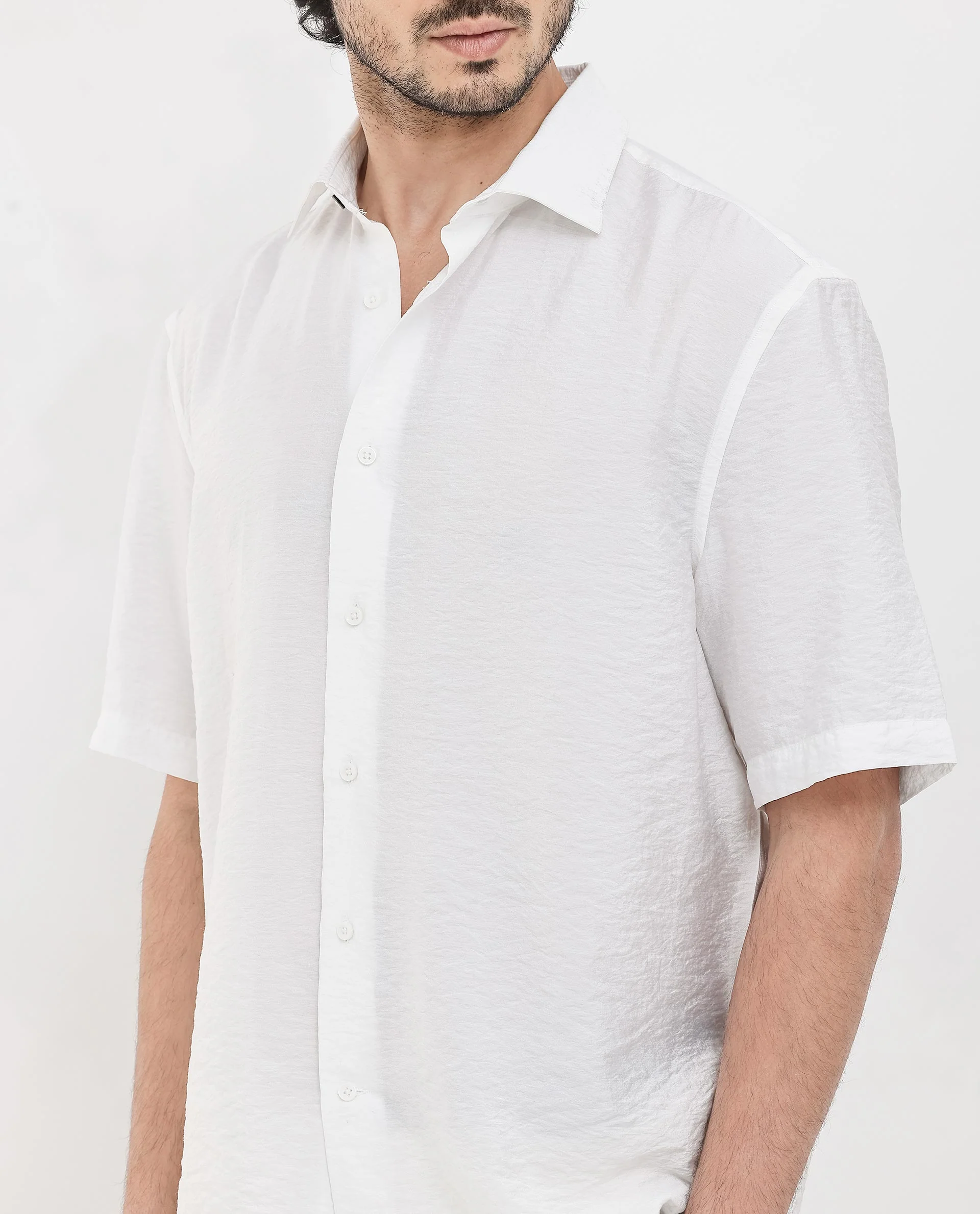 Rare Rabbit Men's Flo White Viscose Textured Boxy Fit Half Sleeve Collared Shirt - Image 10
