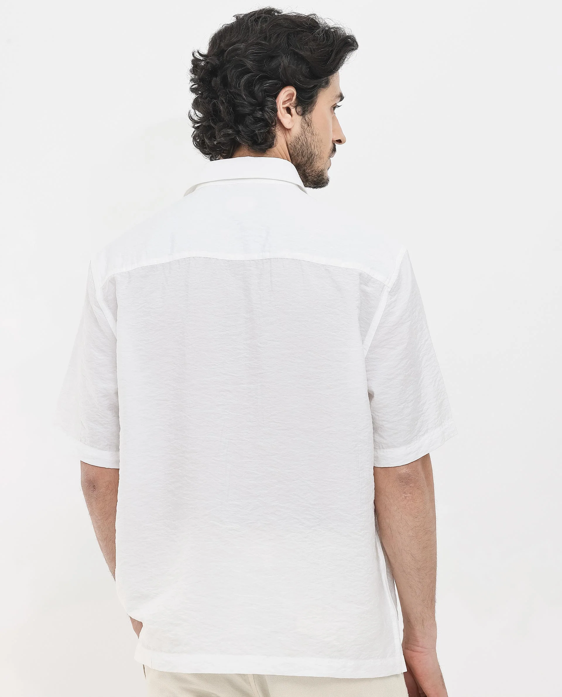 Rare Rabbit Men's Flo White Viscose Textured Boxy Fit Half Sleeve Collared Shirt - Image 11