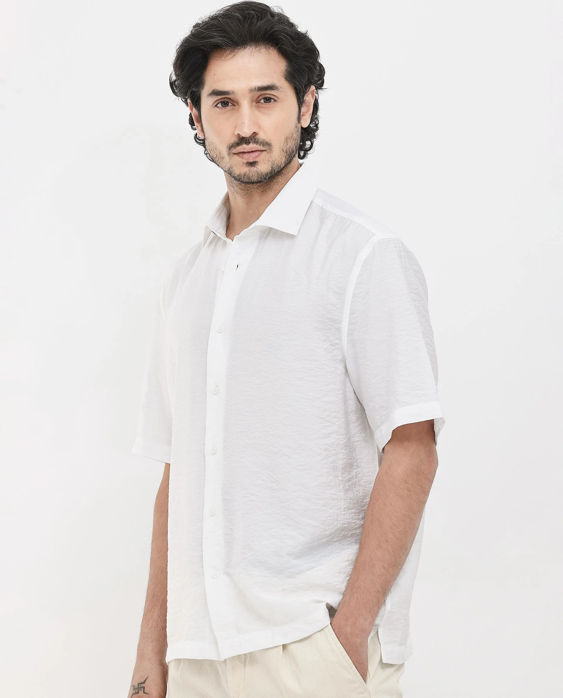 Rare Rabbit Men's Flo White Viscose Textured Boxy Fit Half Sleeve Collared Shirt - Image 3