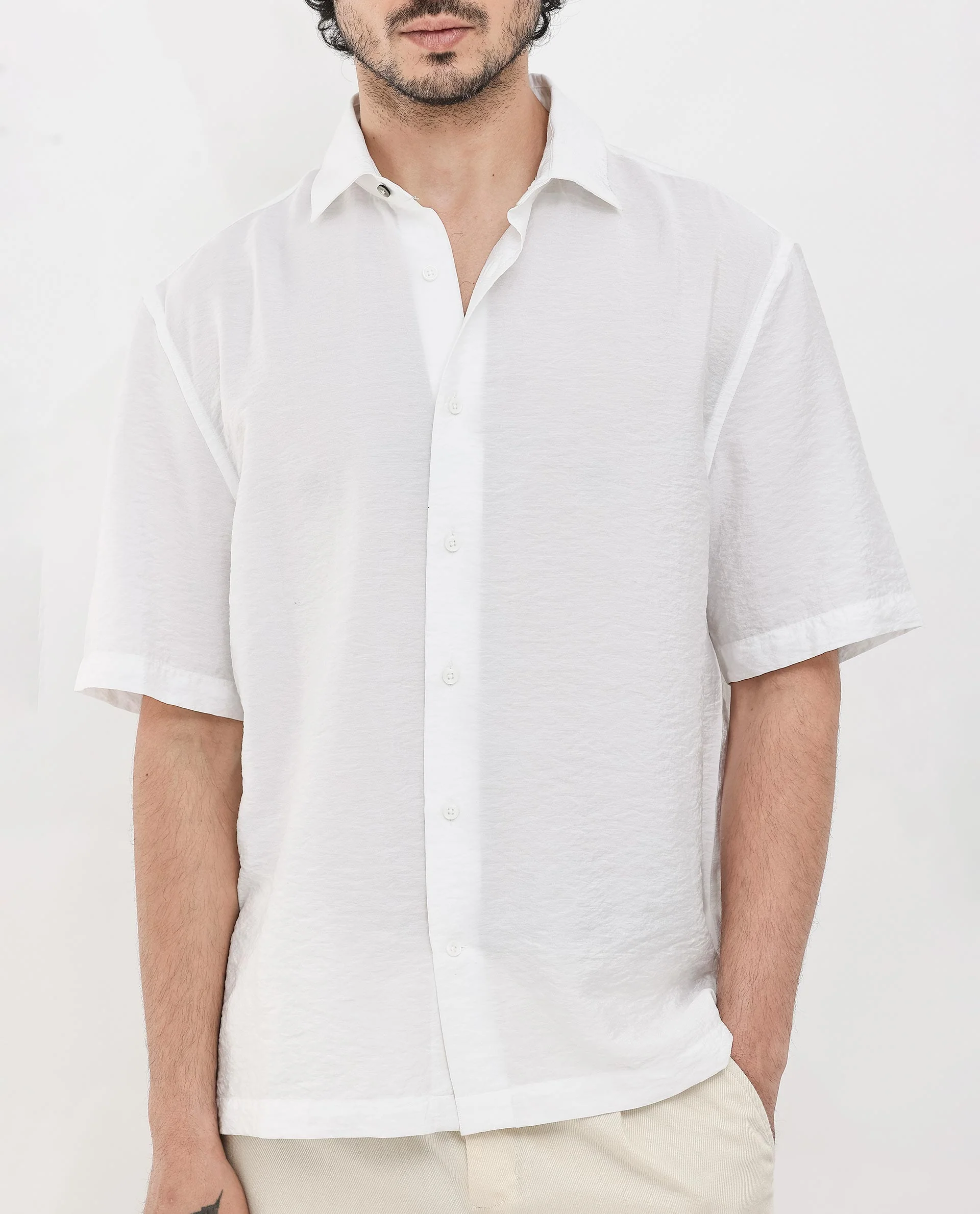 Rare Rabbit Men's Flo White Viscose Textured Boxy Fit Half Sleeve Collared Shirt - Image 5