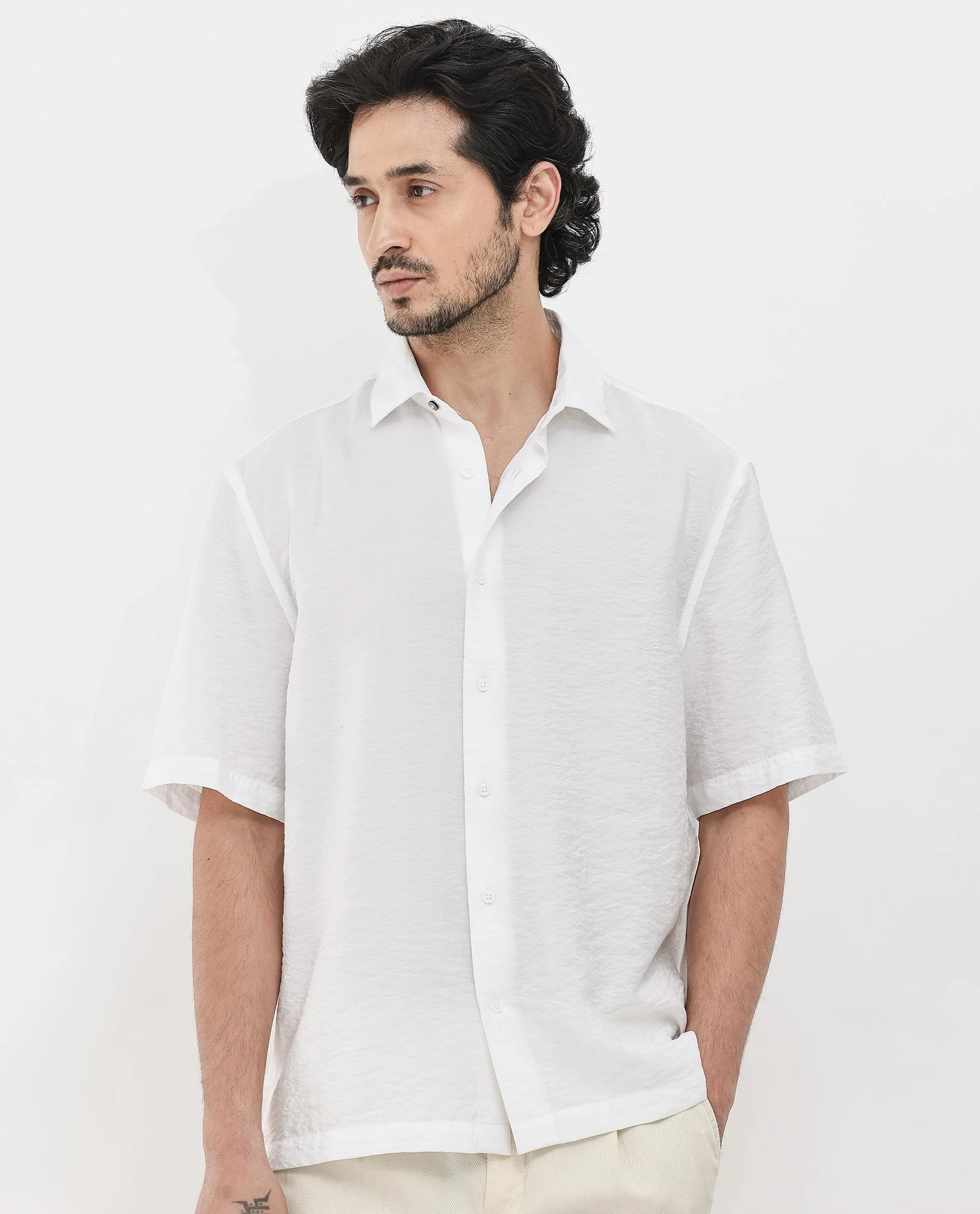 Rare Rabbit Men's Flo White Viscose Textured Boxy Fit Half Sleeve Collared Shirt - Image 6