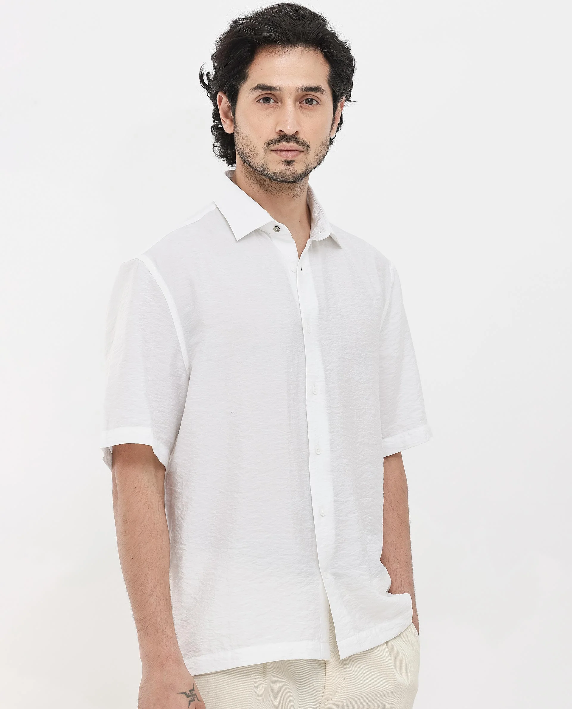 Rare Rabbit Men's Flo White Viscose Textured Boxy Fit Half Sleeve Collared Shirt - Image 7