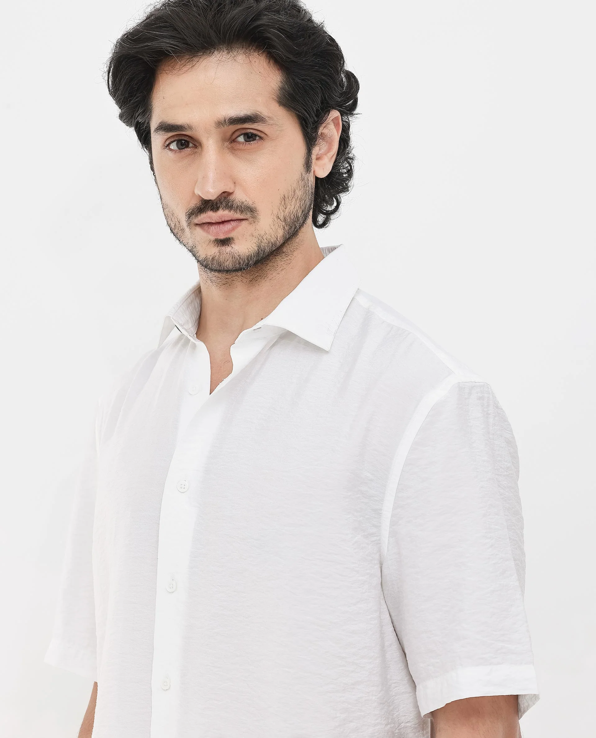 Rare Rabbit Men's Flo White Viscose Textured Boxy Fit Half Sleeve Collared Shirt - Image 9