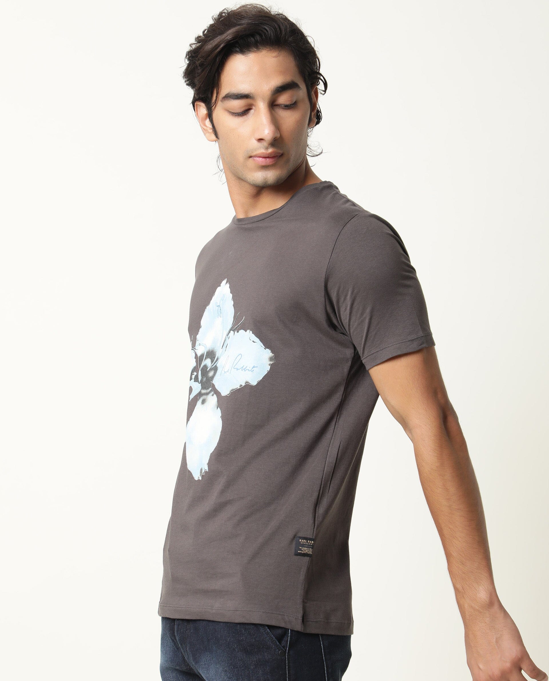 Rare Rabbit Men's Floas Grey Cotton Graphic Print Slim Fit Half Sleeve Crew Neck T-Shirt - Image 5