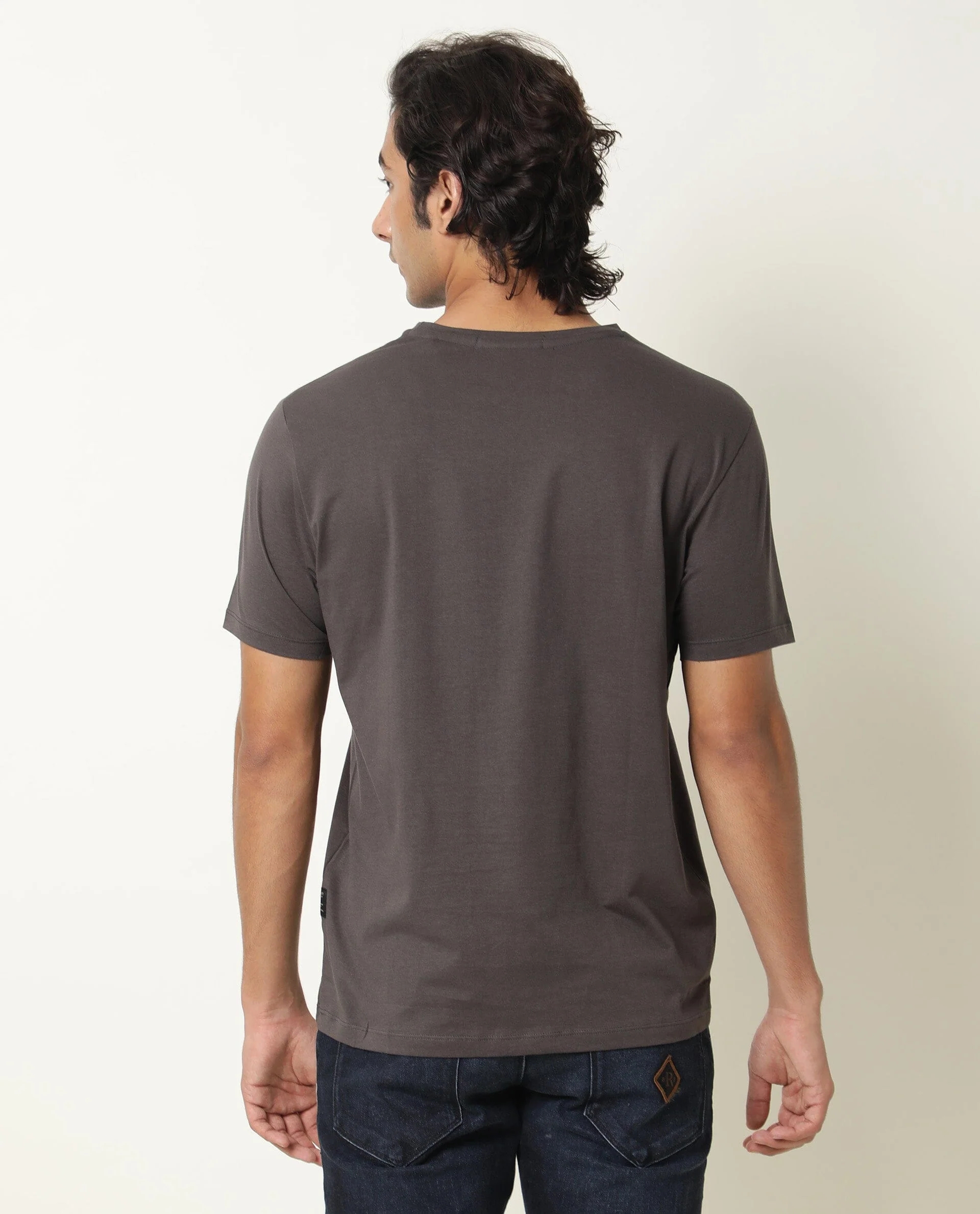 Rare Rabbit Men's Floas Grey Cotton Graphic Print Slim Fit Half Sleeve Crew Neck T-Shirt - Image 7