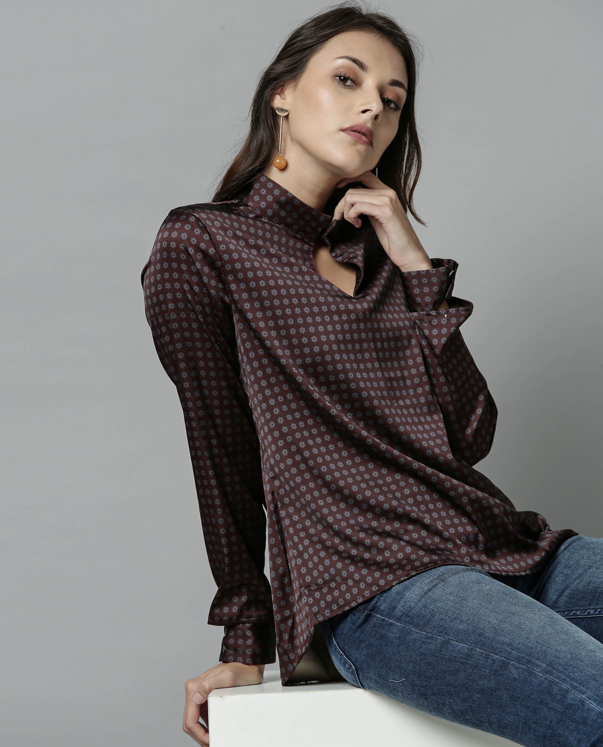 Rareism Women Float Brown Top Full Sleeves Solid - Image 4