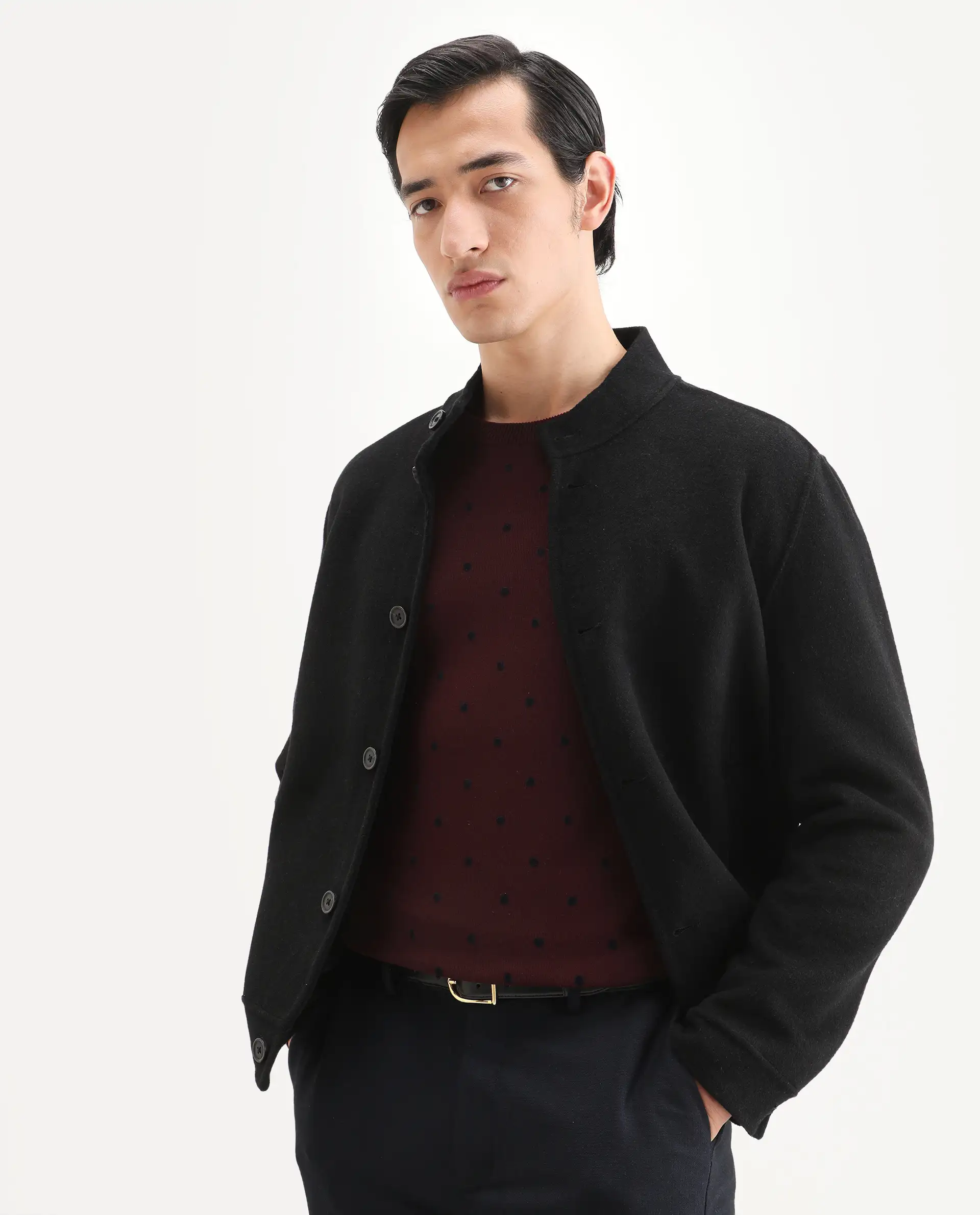 Rare Rabbit Men's Flock Dark Maroon Viscose Polka Print Relaxed Fit Full Sleeve Crew Neck Sweater