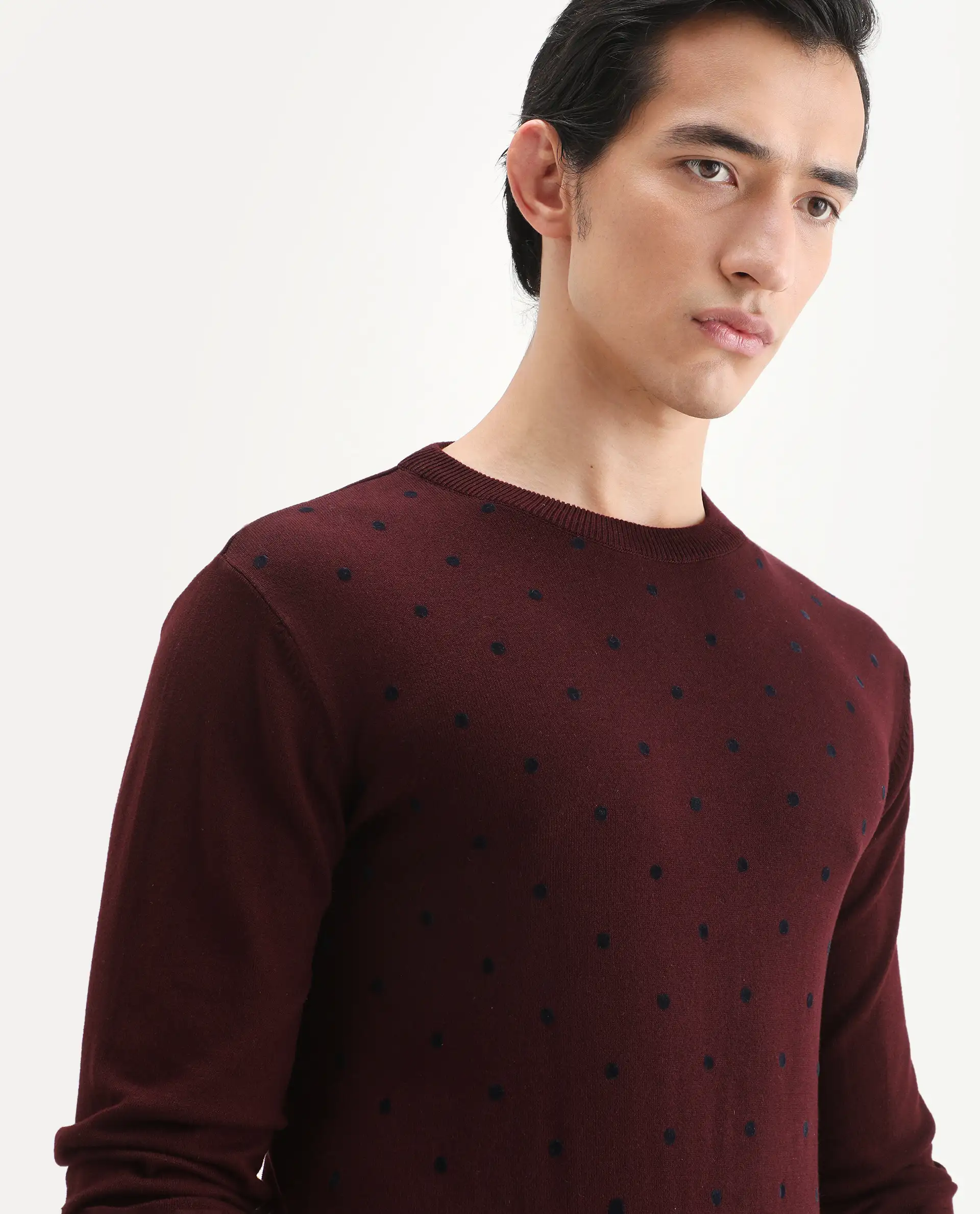 Rare Rabbit Men's Flock Dark Maroon Viscose Polka Print Relaxed Fit Full Sleeve Crew Neck Sweater - Image 3
