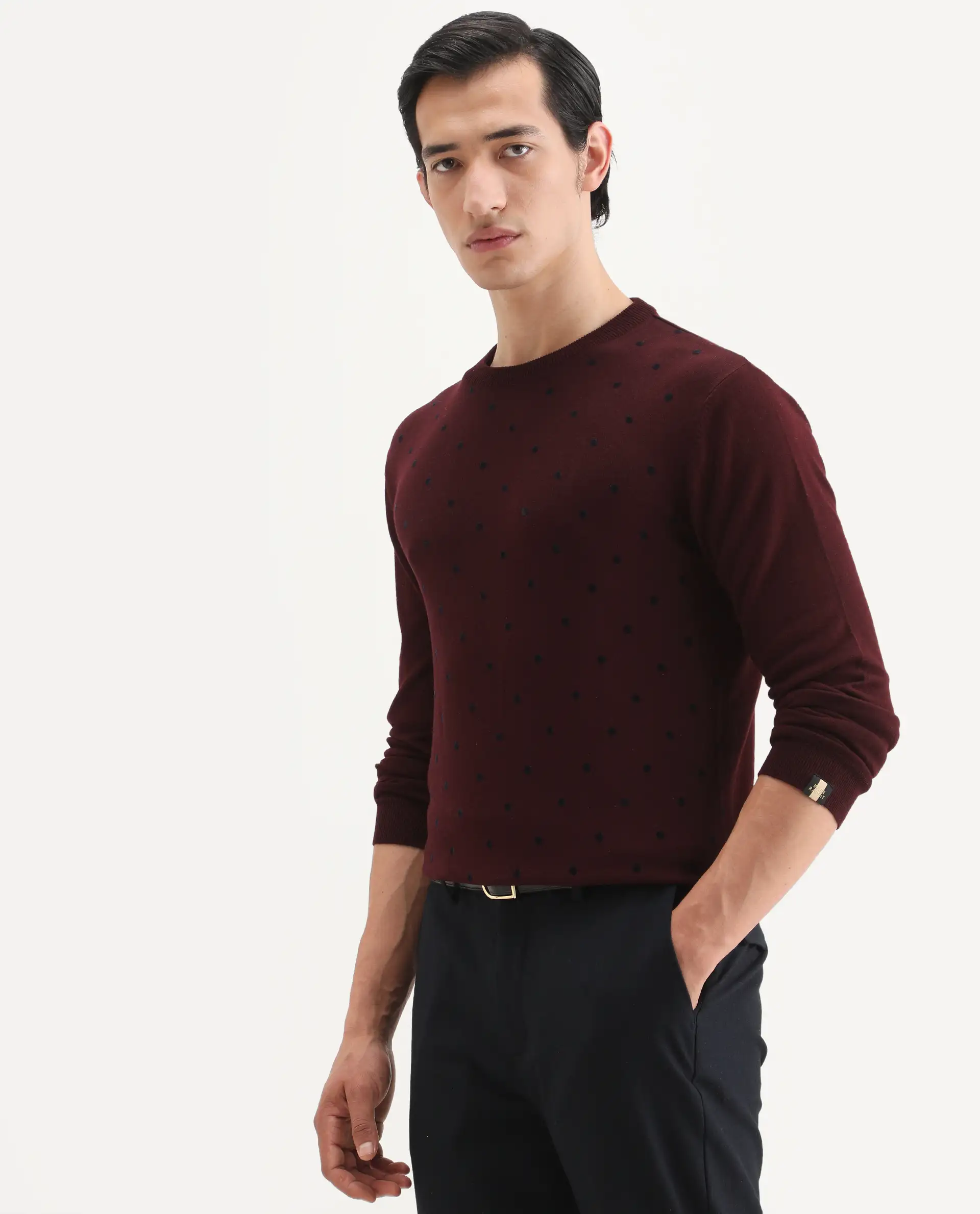 Rare Rabbit Men's Flock Dark Maroon Viscose Polka Print Relaxed Fit Full Sleeve Crew Neck Sweater - Image 5
