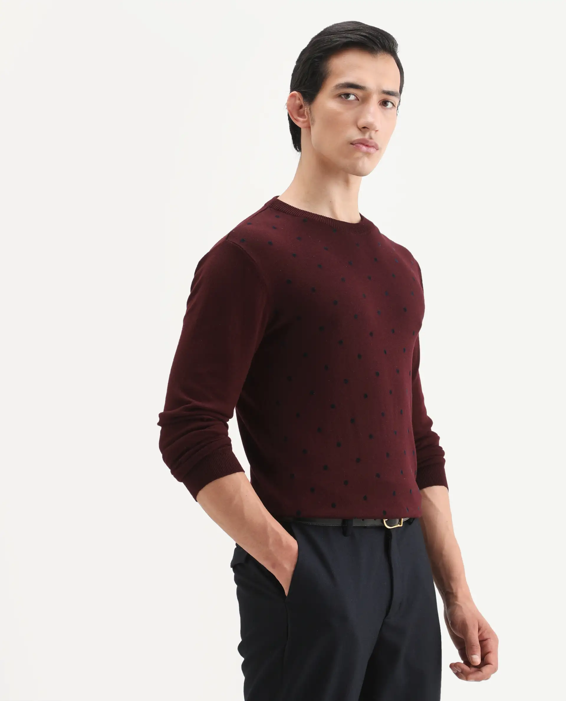 Rare Rabbit Men's Flock Dark Maroon Viscose Polka Print Relaxed Fit Full Sleeve Crew Neck Sweater - Image 6