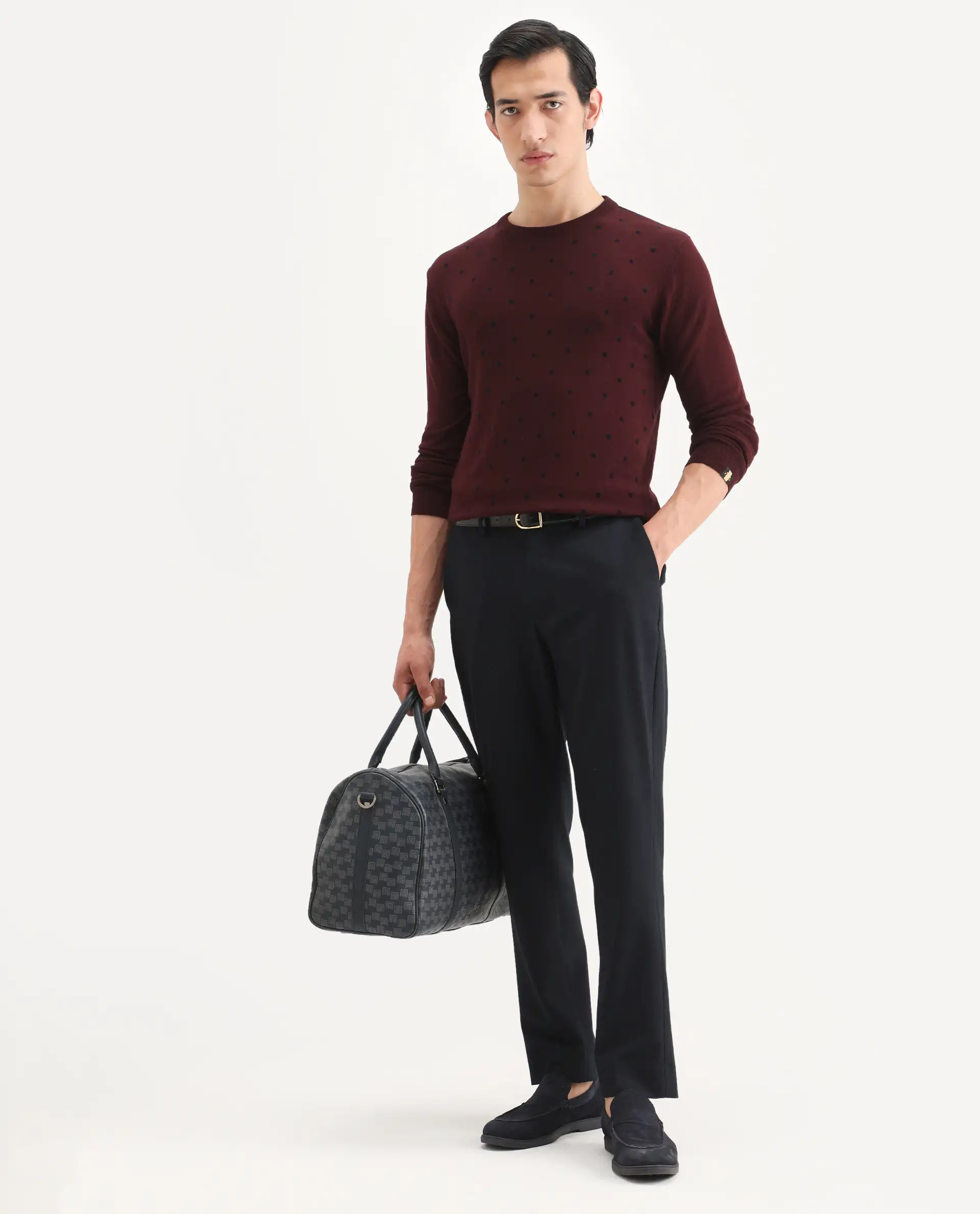 Rare Rabbit Men's Flock Dark Maroon Viscose Polka Print Relaxed Fit Full Sleeve Crew Neck Sweater - Image 7