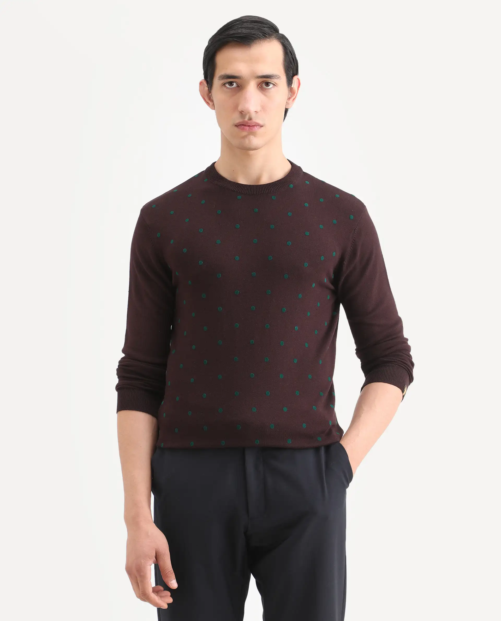 Rare Rabbit Men's Flock Maroon Viscose Polka Print Relaxed Fit Full Sleeve Crew Neck Sweater - Image 3