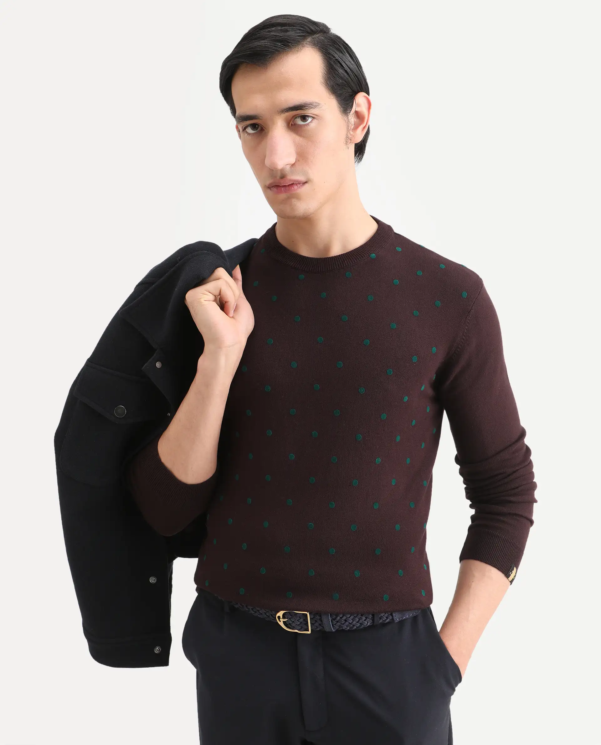 Rare Rabbit Men's Flock Maroon Viscose Polka Print Relaxed Fit Full Sleeve Crew Neck Sweater - Image 4