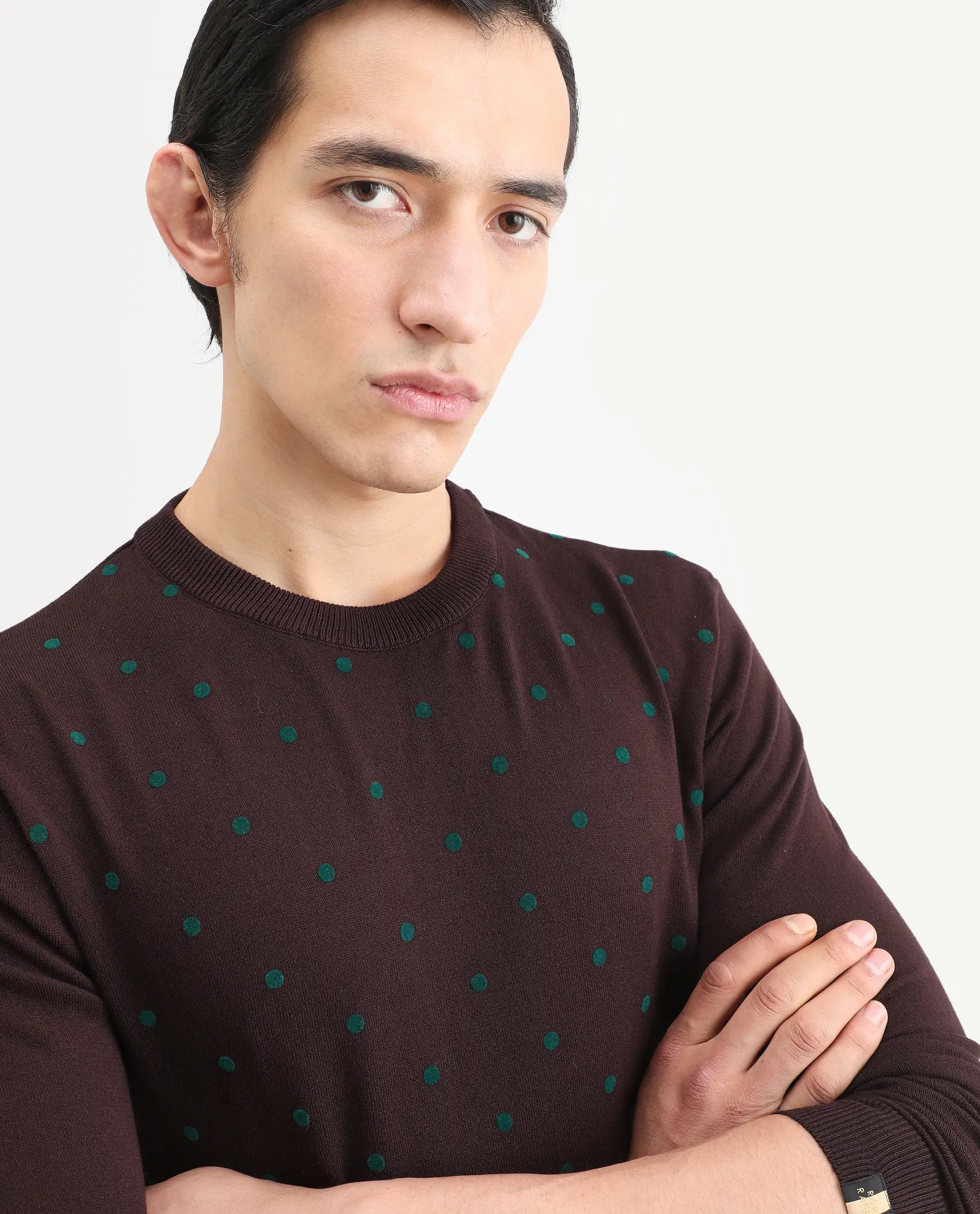 Rare Rabbit Men's Flock Maroon Viscose Polka Print Relaxed Fit Full Sleeve Crew Neck Sweater - Image 5
