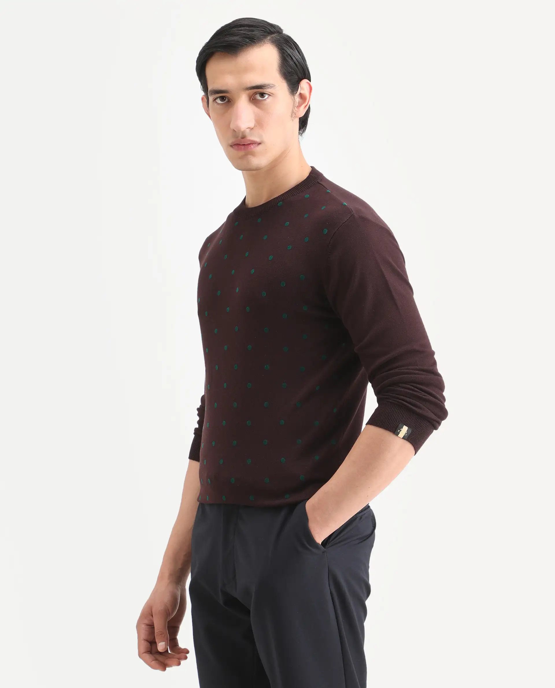 Rare Rabbit Men's Flock Maroon Viscose Polka Print Relaxed Fit Full Sleeve Crew Neck Sweater - Image 6