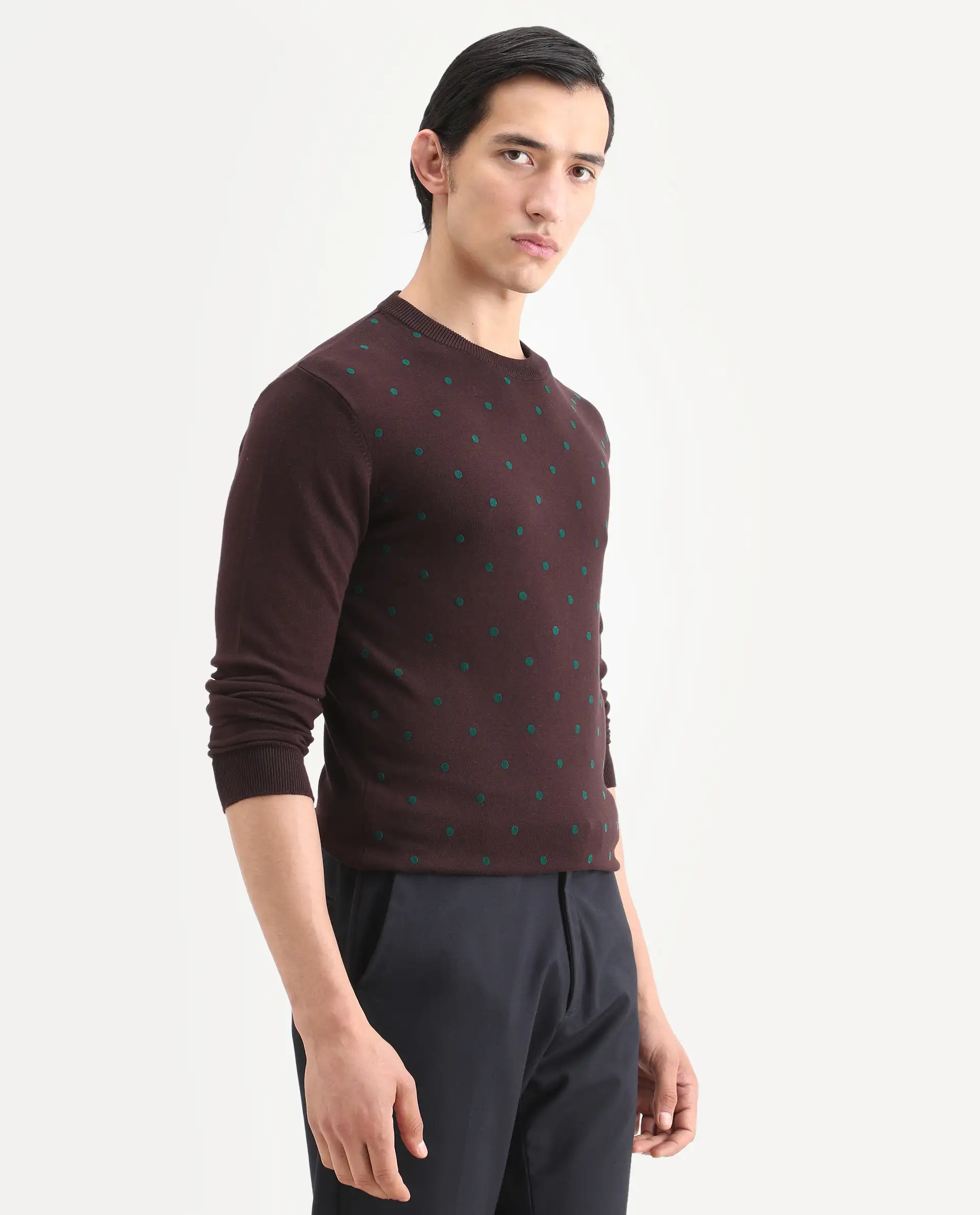 Rare Rabbit Men's Flock Maroon Viscose Polka Print Relaxed Fit Full Sleeve Crew Neck Sweater - Image 7