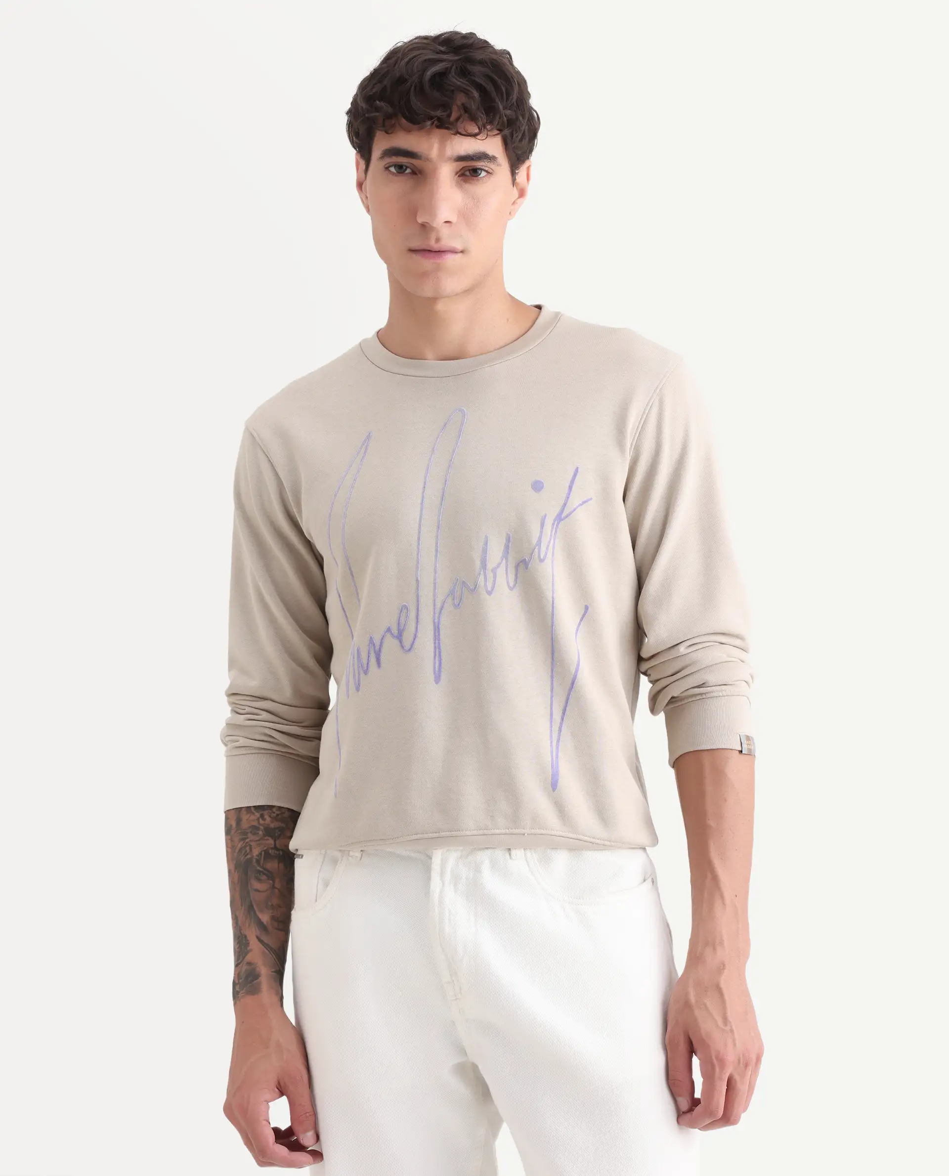 Rare Rabbit Men's Flocker Beige Cotton Graphic Print Regular Fit Full Sleeve Crew Neck Sweatshirt - Image 3