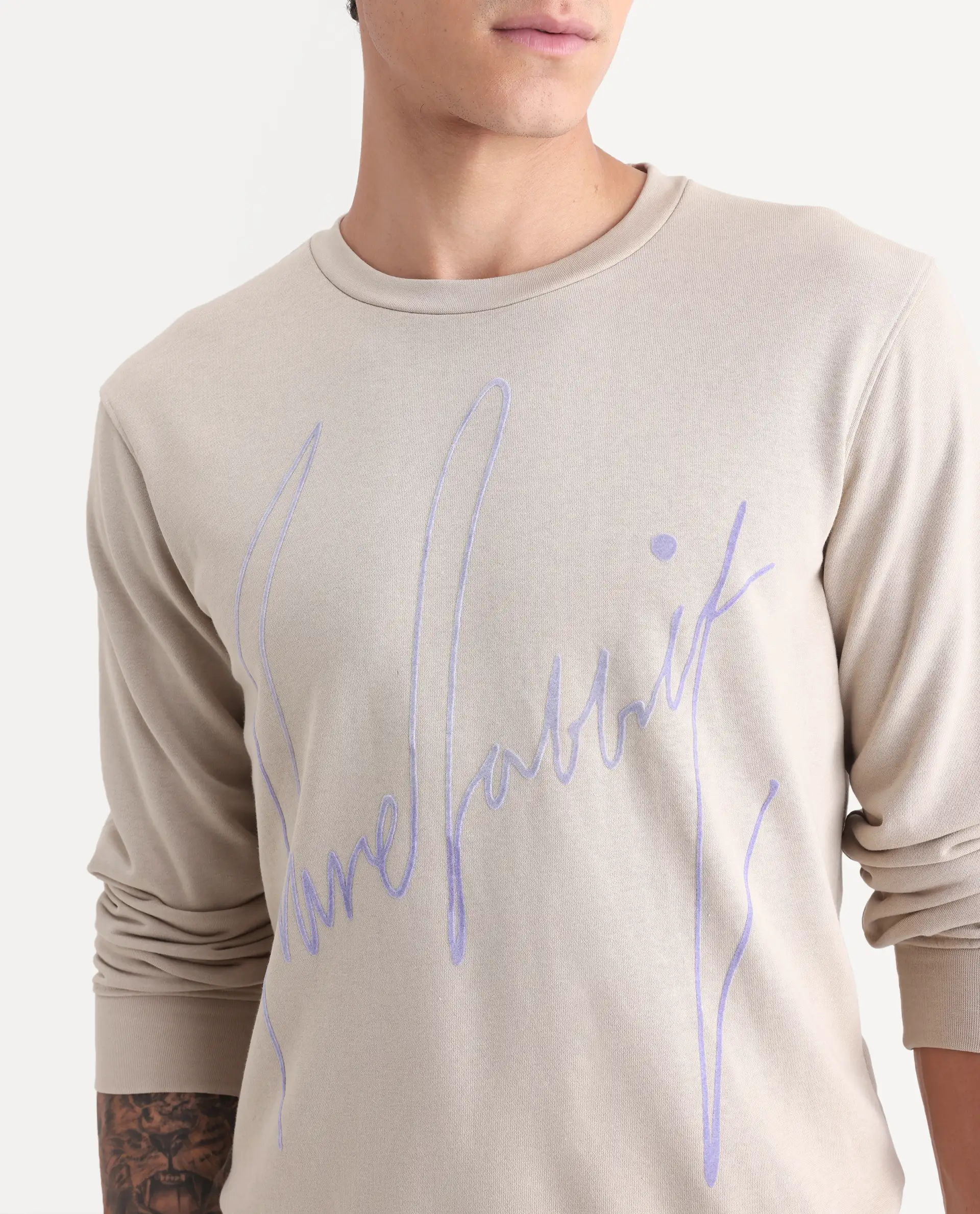 Rare Rabbit Men's Flocker Beige Cotton Graphic Print Regular Fit Full Sleeve Crew Neck Sweatshirt - Image 4