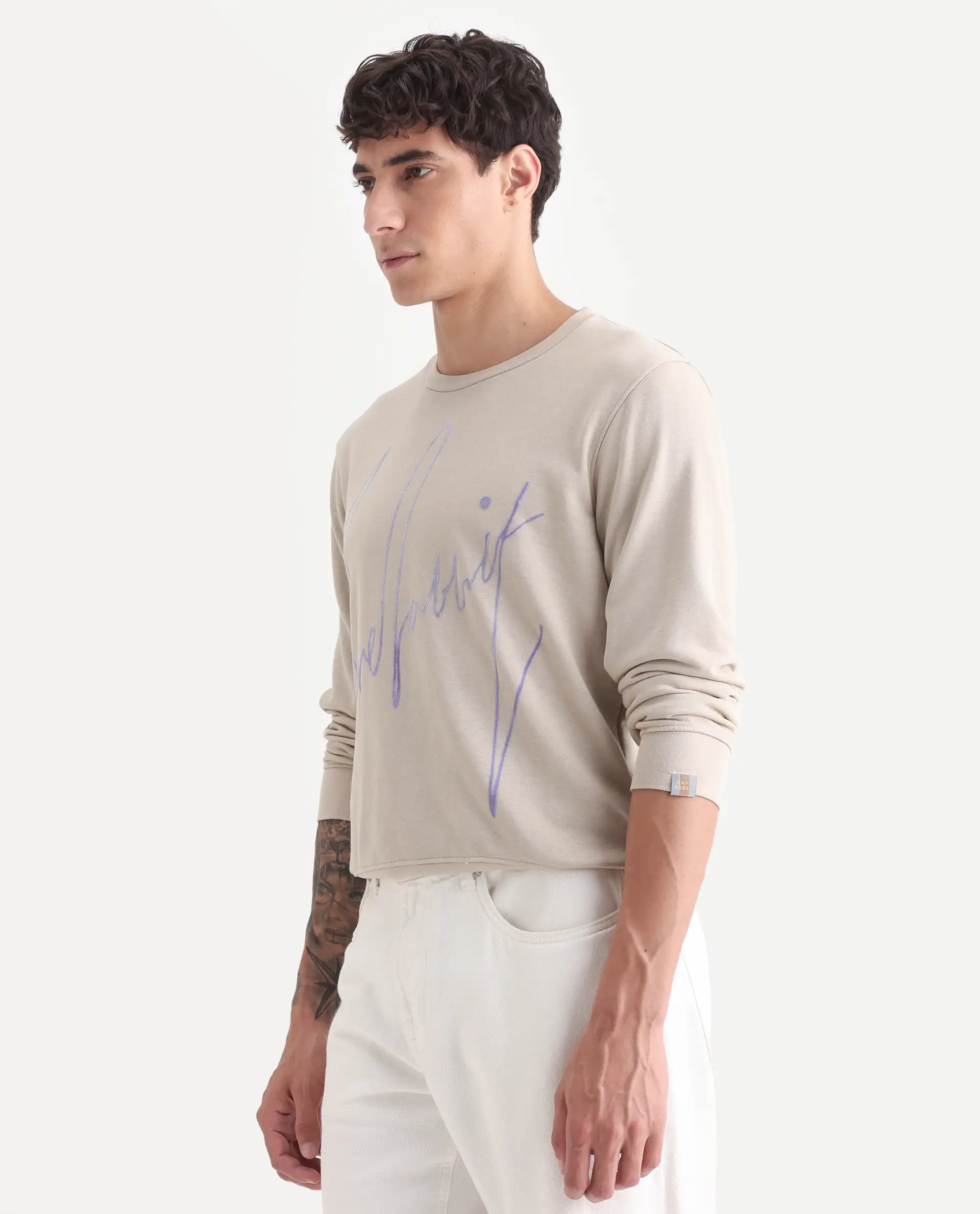 Rare Rabbit Men's Flocker Beige Cotton Graphic Print Regular Fit Full Sleeve Crew Neck Sweatshirt - Image 5