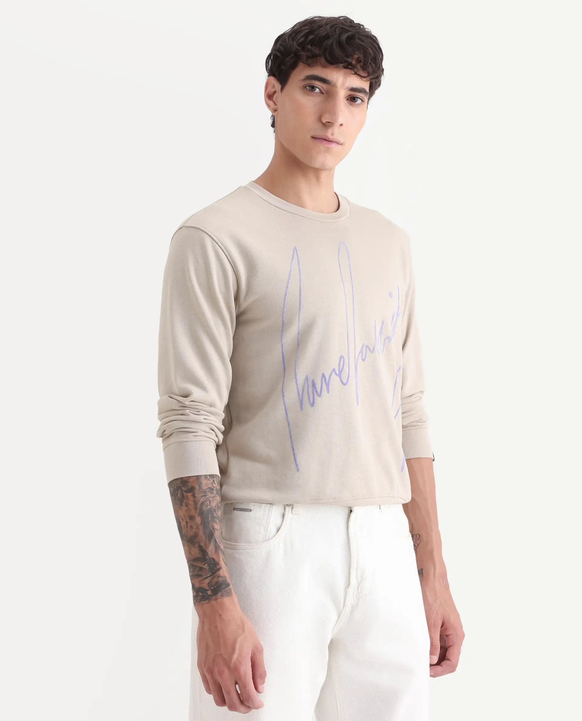 Rare Rabbit Men's Flocker Beige Cotton Graphic Print Regular Fit Full Sleeve Crew Neck Sweatshirt - Image 6