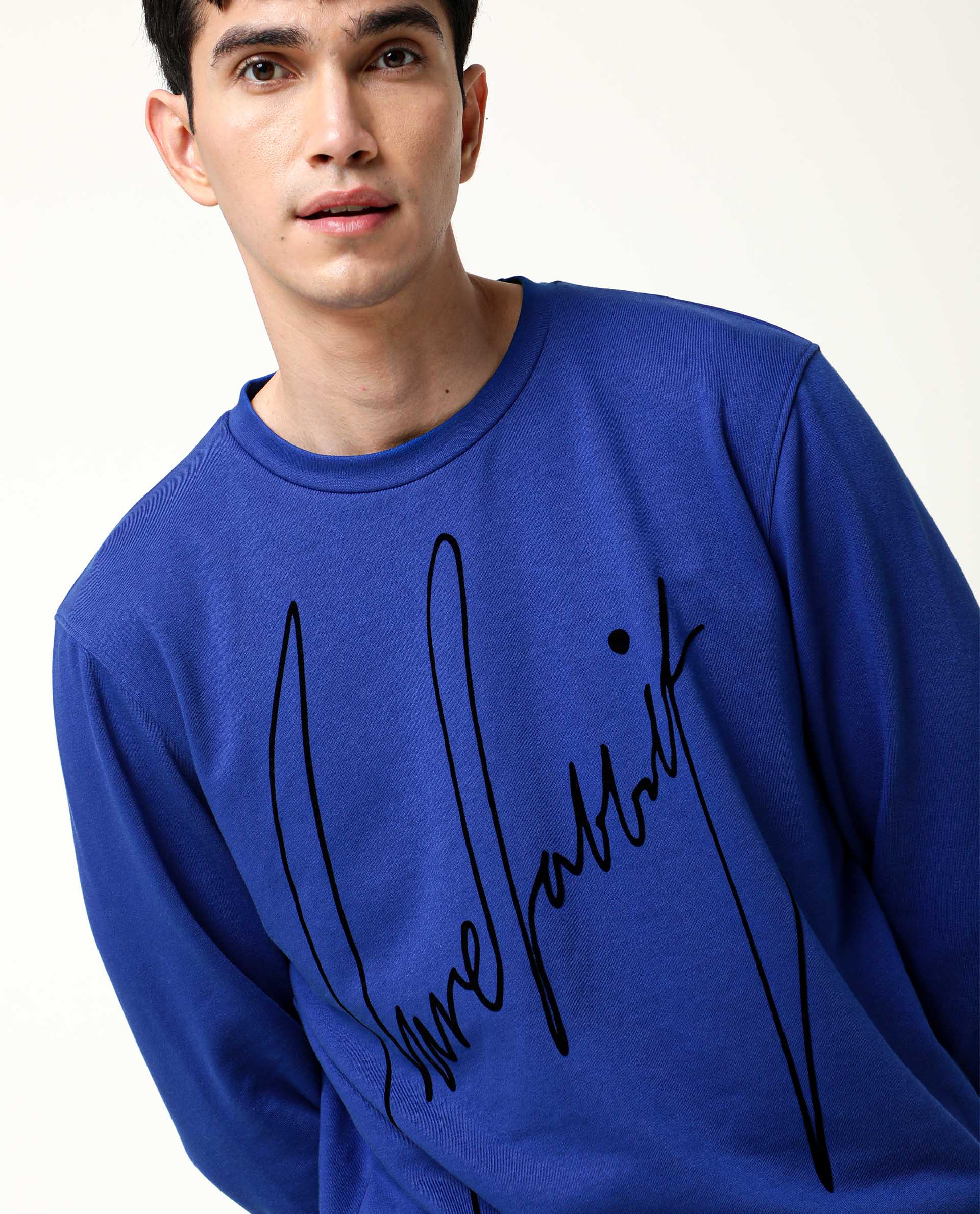 Rare Rabbit Men's Flocker Blue Cotton Graphic Print Regular Fit Full Sleeve Crew Neck Sweatshirt - Image 3
