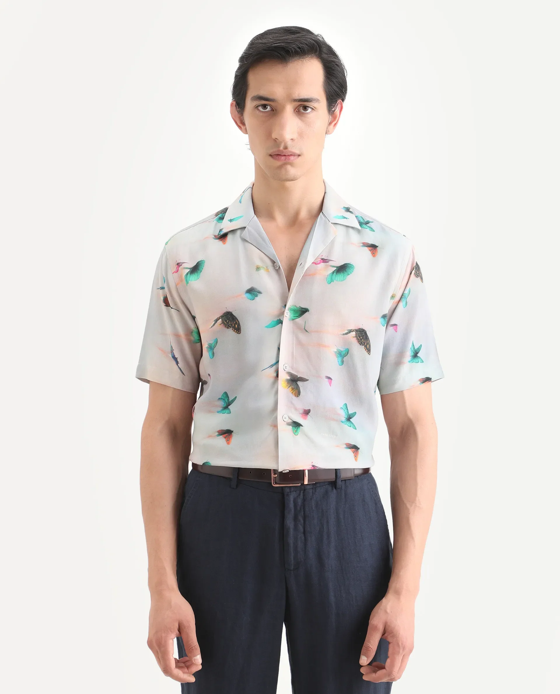Rare Rabbit Men's Flog Dusky Blue Viscose Fabric Half Sleeve Cuban Collar Regular Fit Floral Print Shirt - Image 3