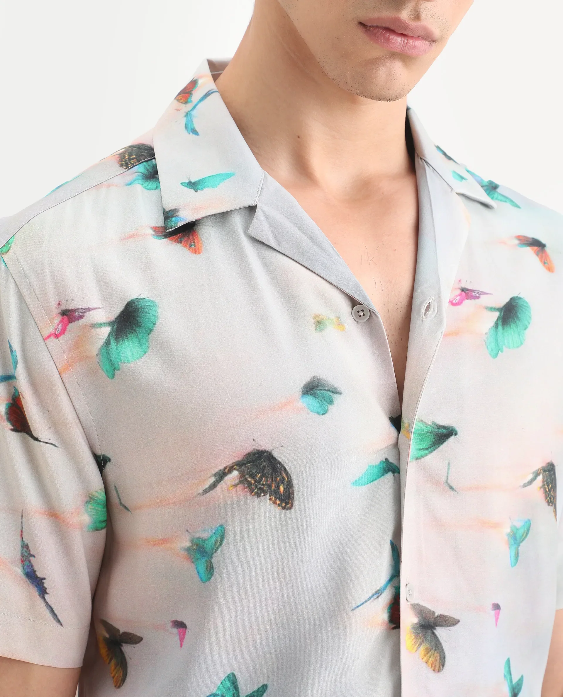 Rare Rabbit Men's Flog Dusky Blue Viscose Fabric Half Sleeve Cuban Collar Regular Fit Floral Print Shirt - Image 4