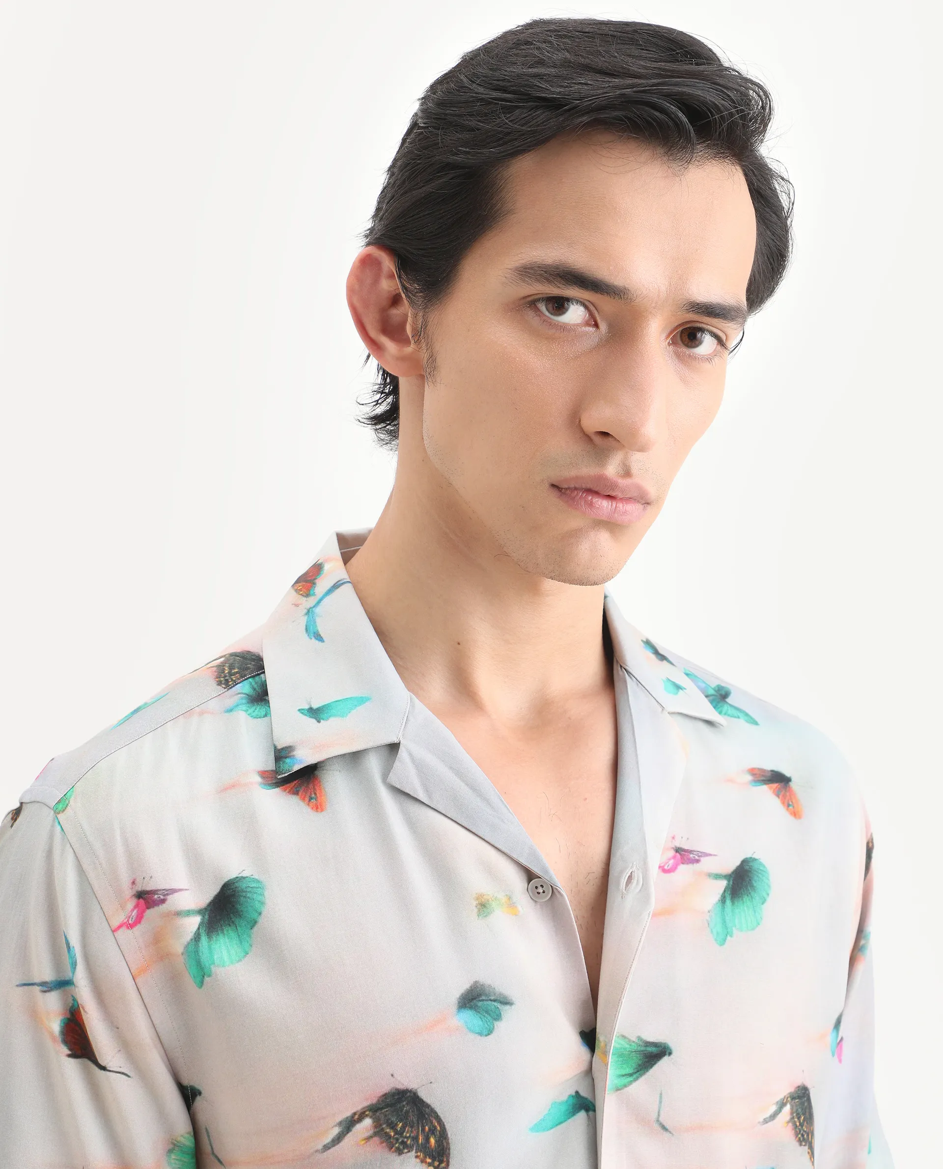 Rare Rabbit Men's Flog Dusky Blue Viscose Fabric Half Sleeve Cuban Collar Regular Fit Floral Print Shirt - Image 5